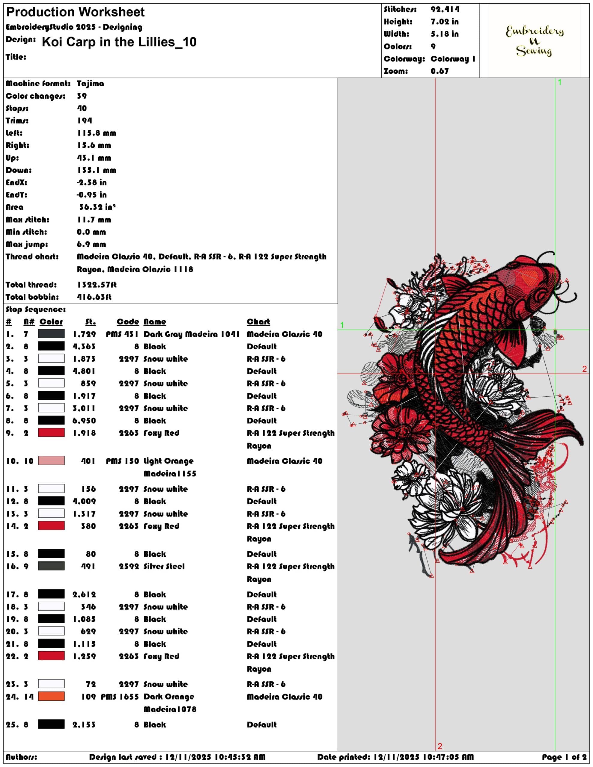 Koi Carp in the Lillies- Elegant embroidery design file - instant download — view 3