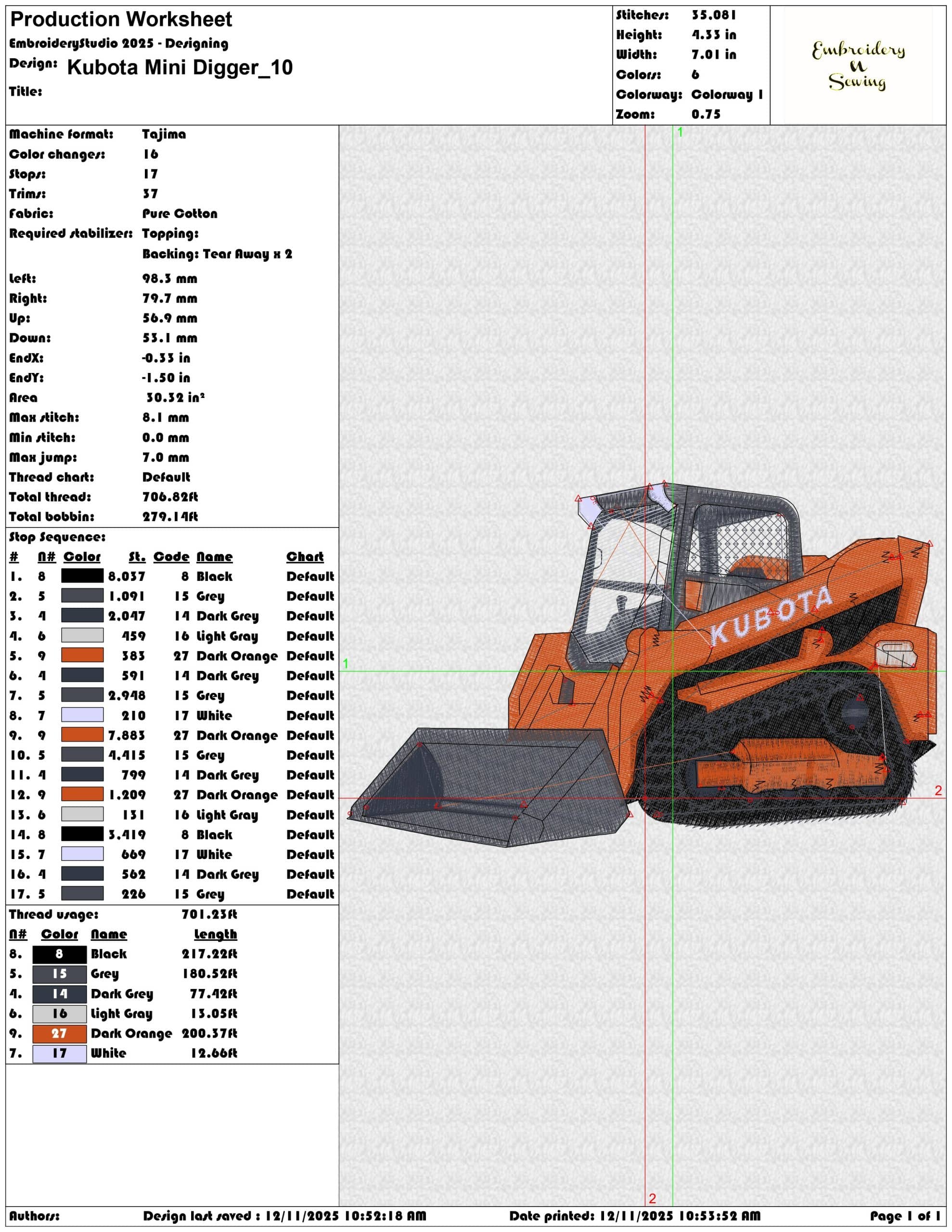 Kubota Mini Digger- Elegant embroidery design file - instant download — view 3