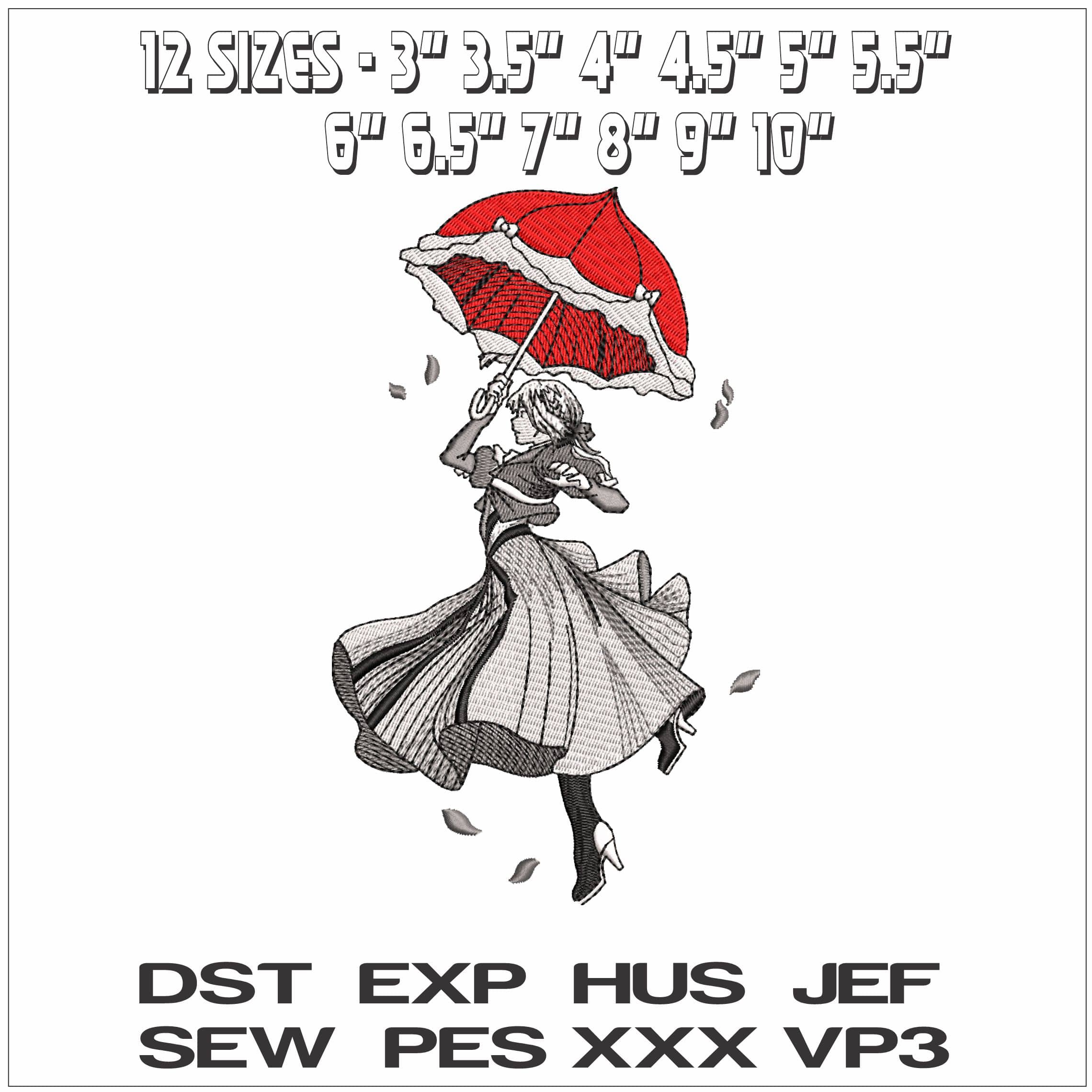 Lady with Umbrella in Wind- Elegant embroidery design file - instant download — view 2