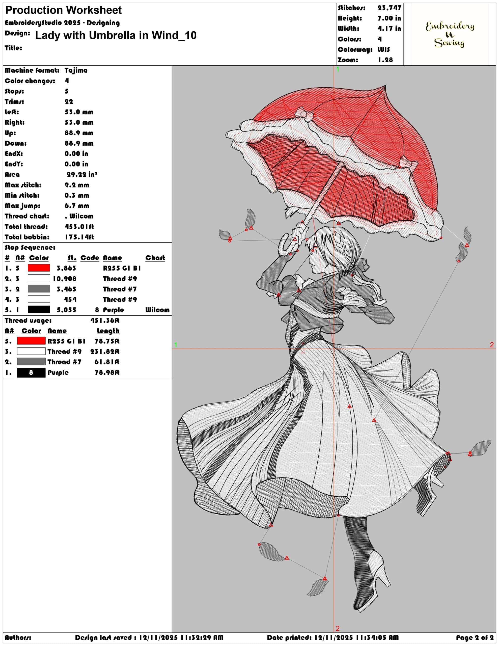 Lady with Umbrella in Wind- Elegant embroidery design file - instant download — view 3