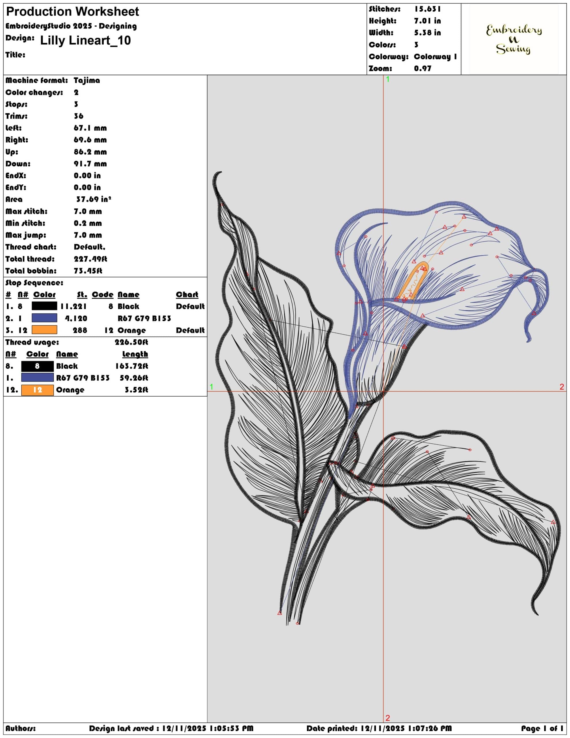Lilly Lineart- Elegant embroidery design file - instant download — view 3