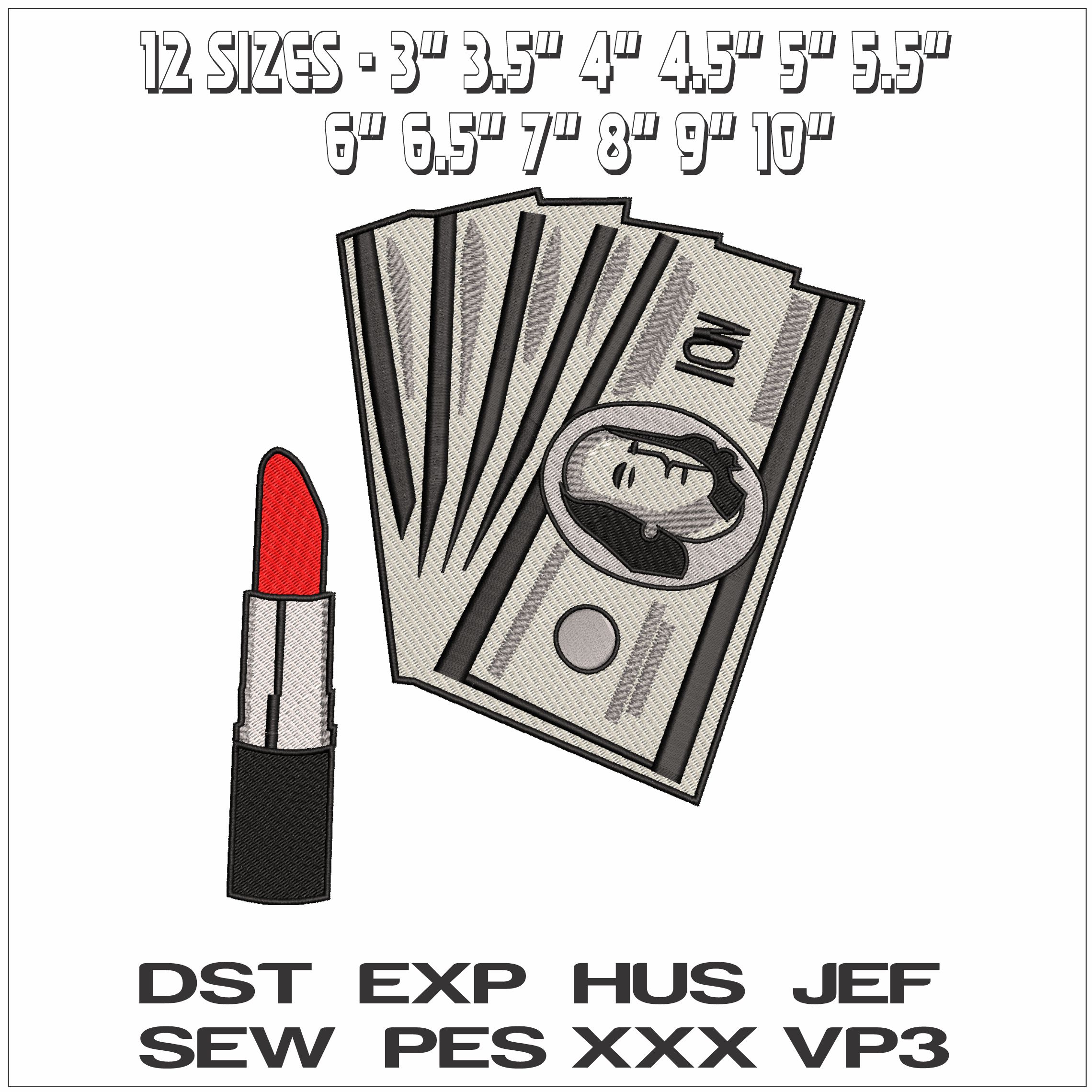 Lipstick and Cash- Elegant embroidery design file - instant download — view 2