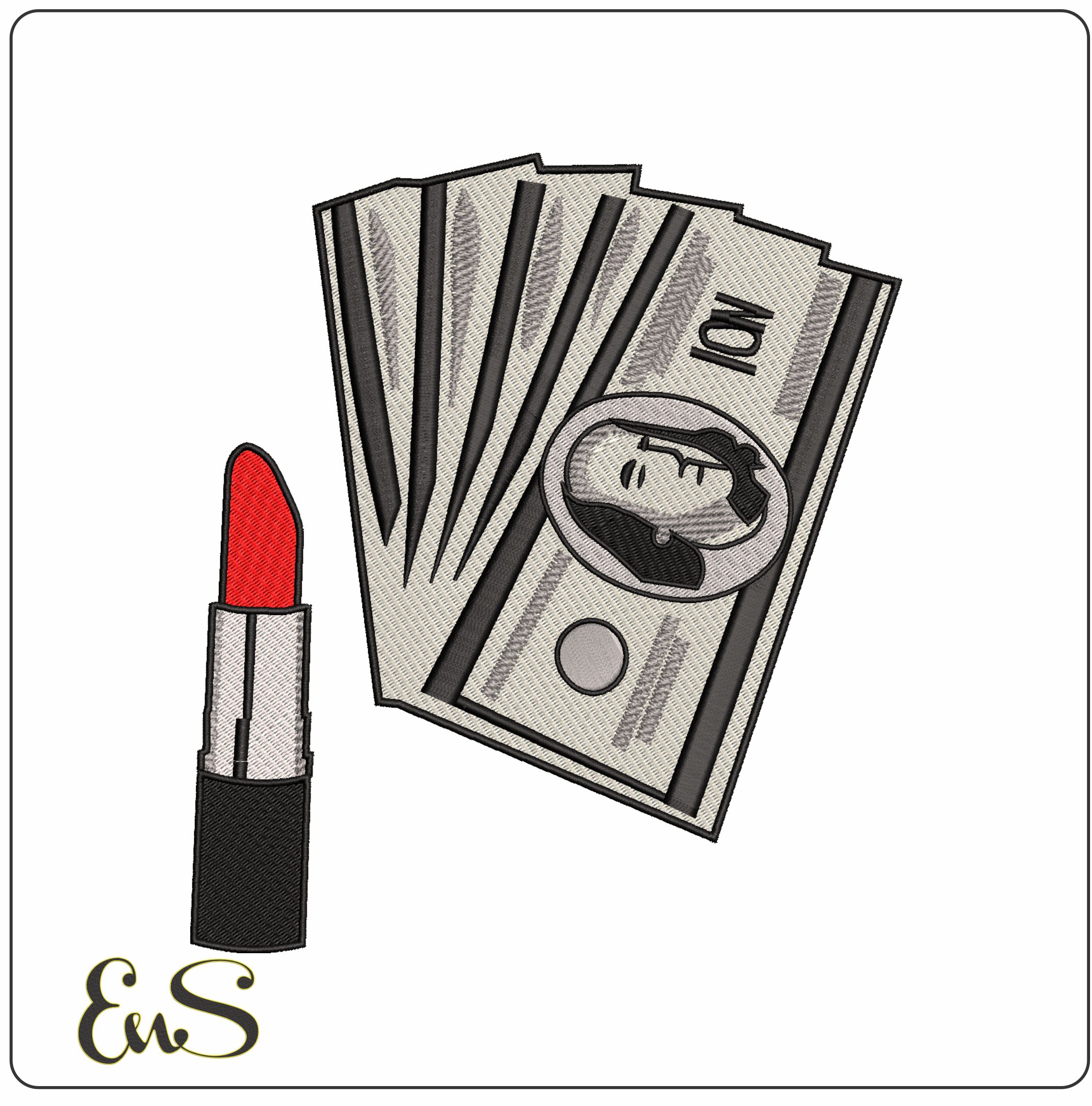 Lipstick and Cash- Elegant embroidery design file - instant download