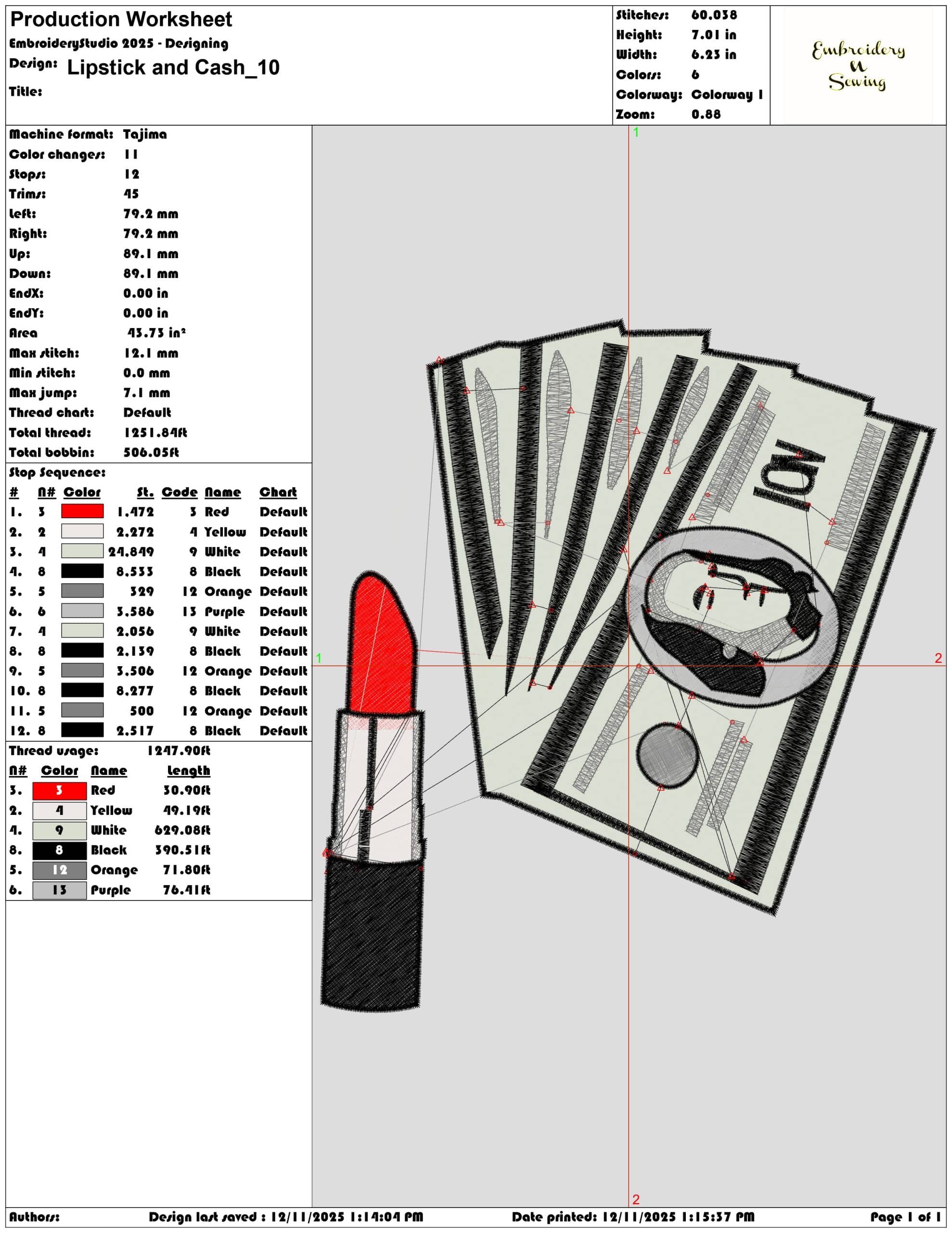 Lipstick and Cash- Elegant embroidery design file - instant download — view 3