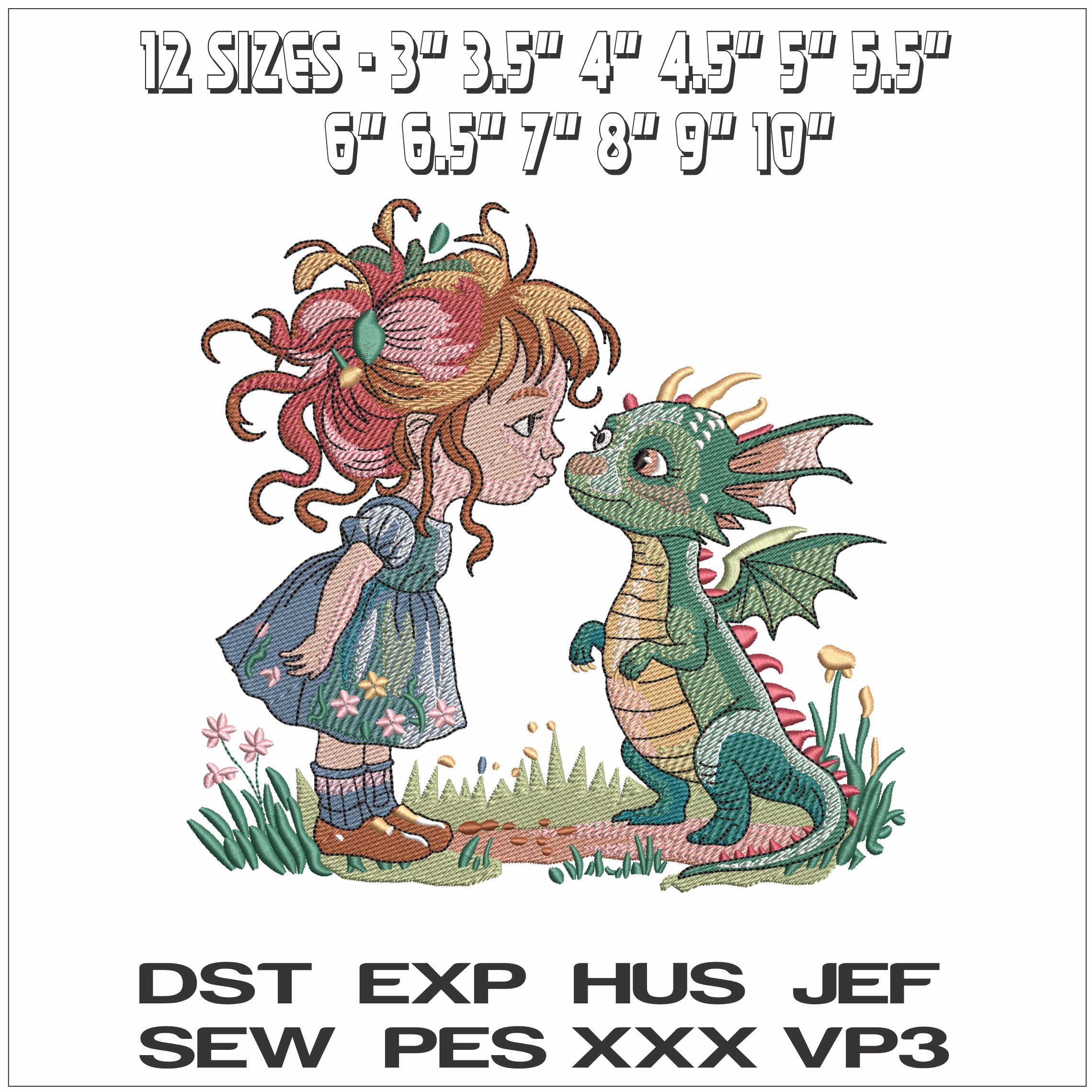 Little Girl and Dragon- Elegant embroidery design file - instant download — view 2