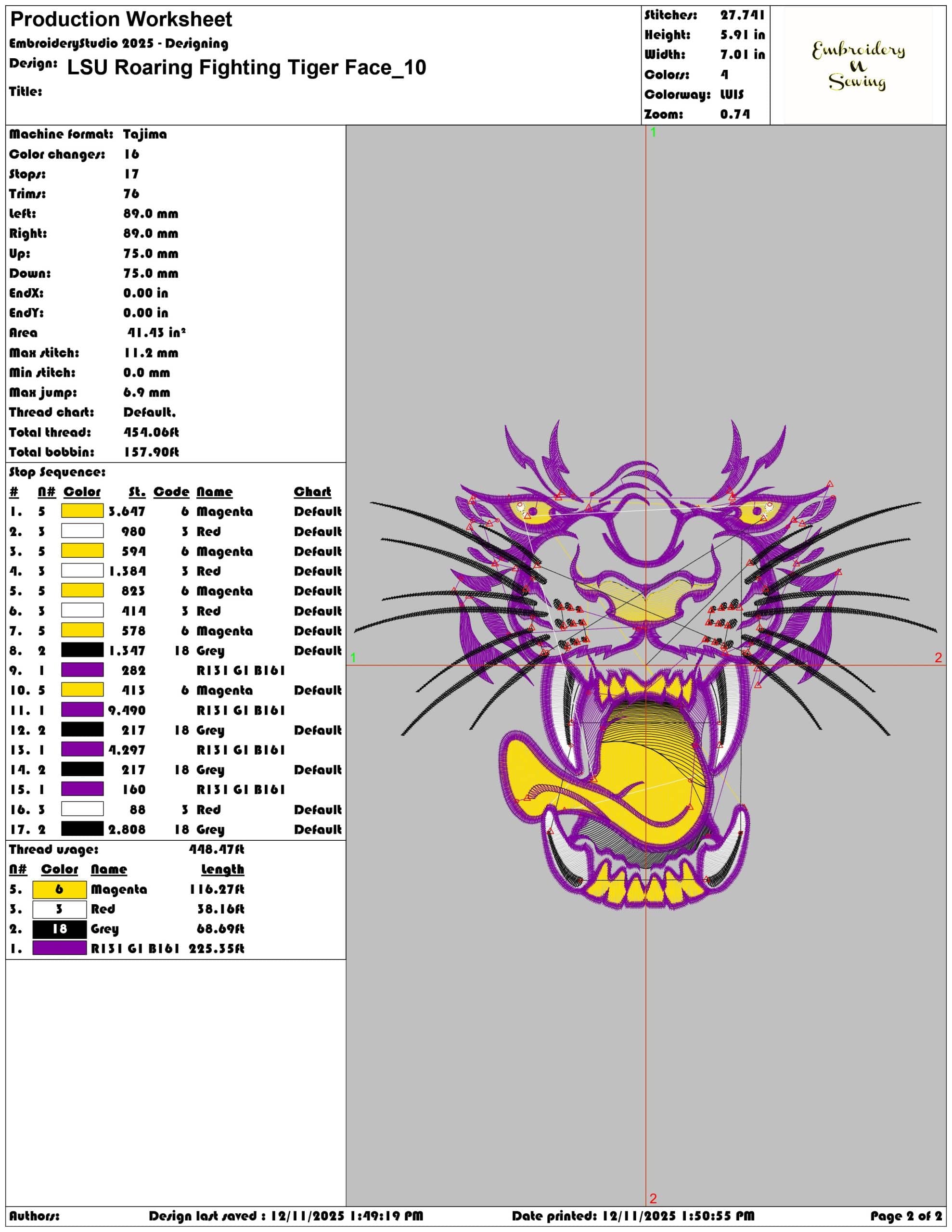 LSU Roaring Fighting Tiger Face- Elegant embroidery design file - instant download — view 3