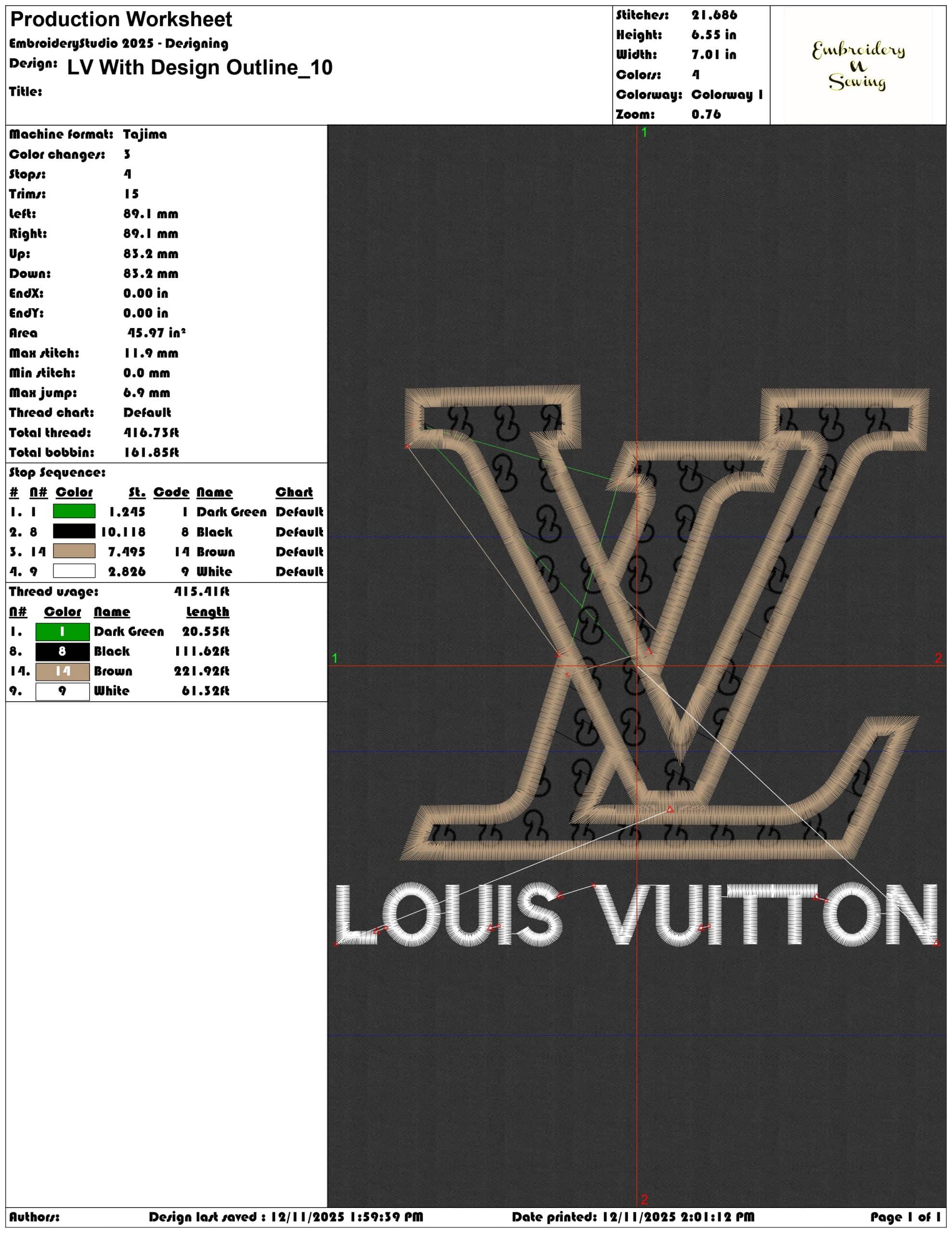 LV With Design Outline- Elegant embroidery design file - instant download — view 3