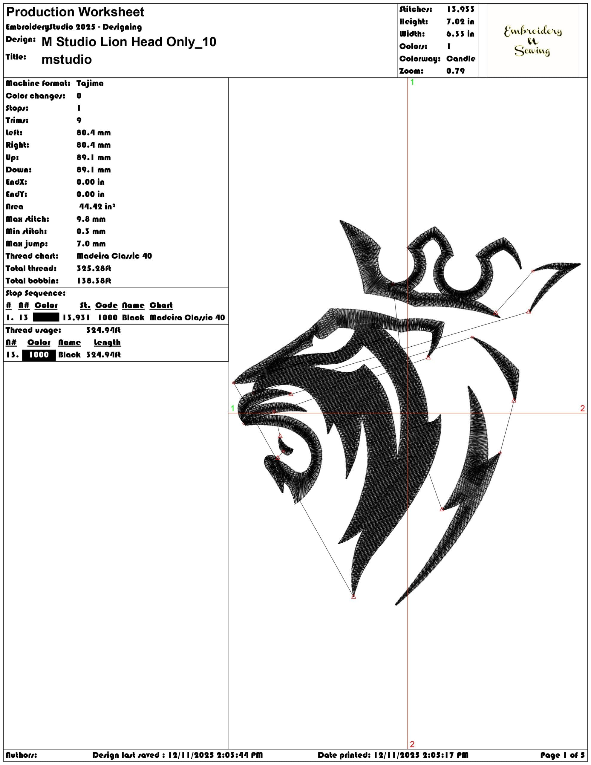 M Studio Lion Head Only- Elegant embroidery design file - instant download — view 3
