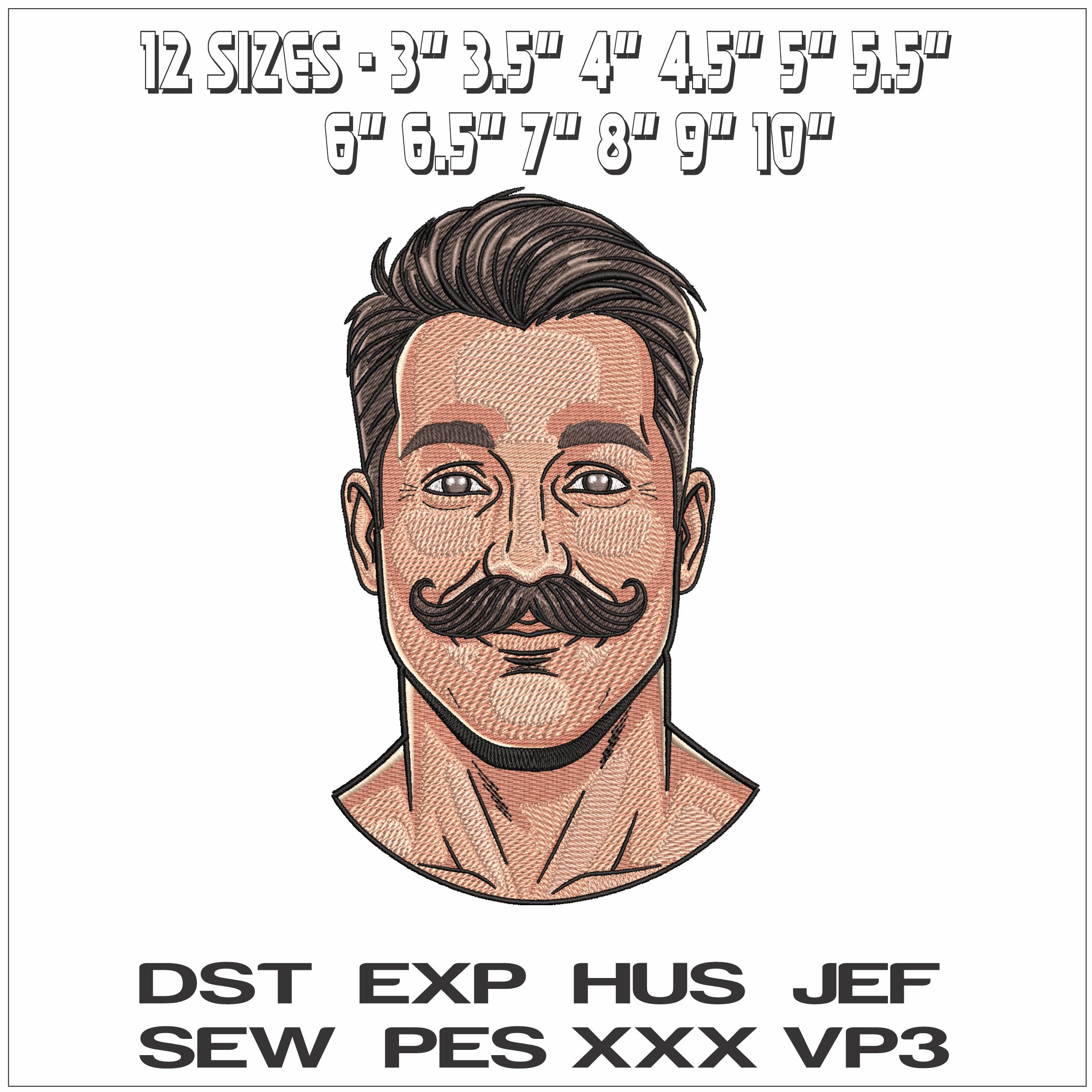 Mans Head with Moustache- Elegant embroidery design file - instant download — view 2