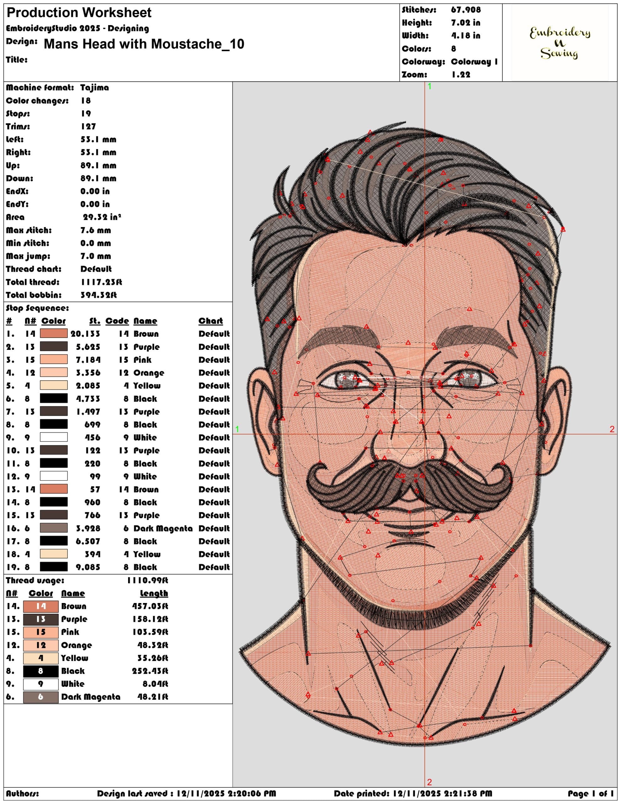 Mans Head with Moustache- Elegant embroidery design file - instant download — view 3