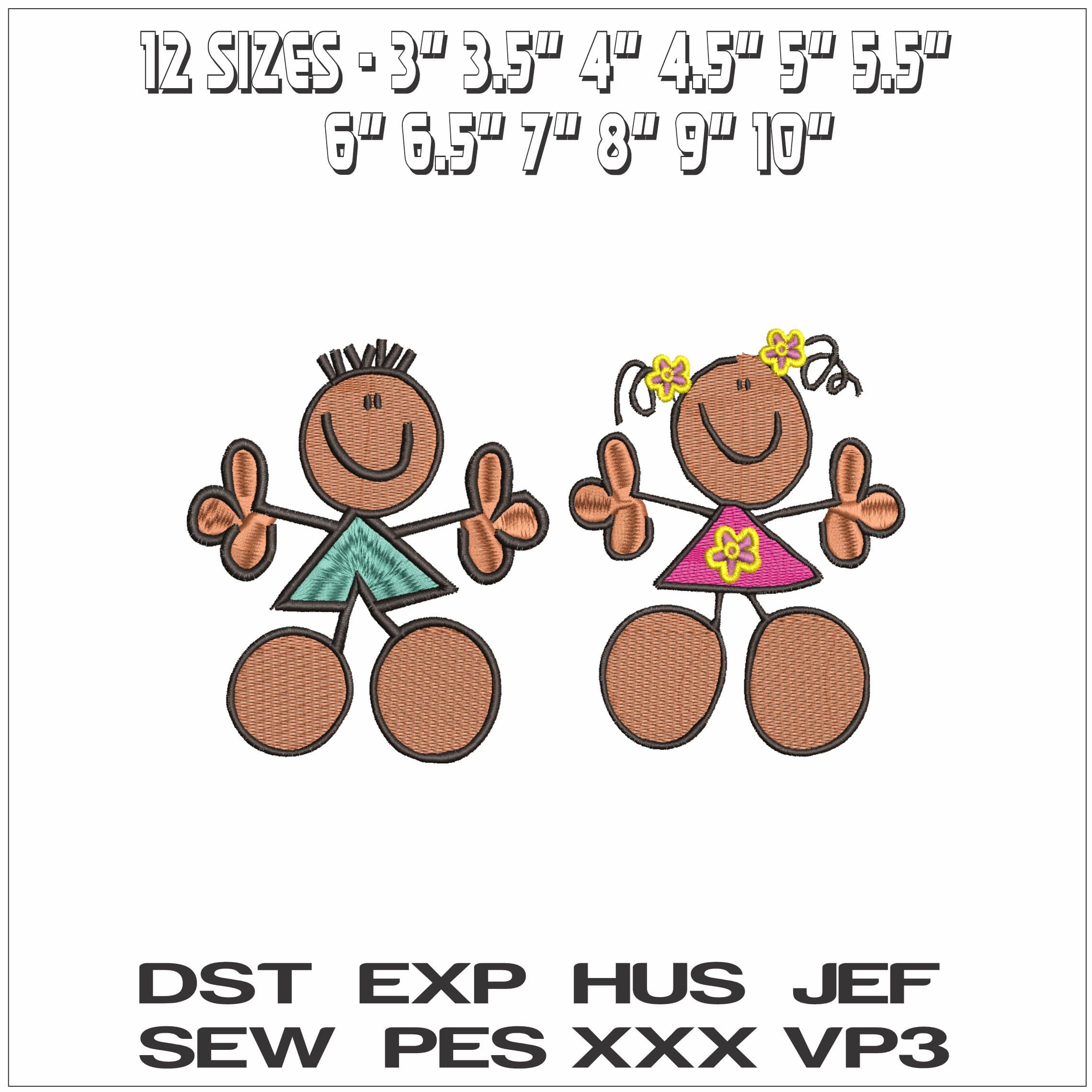 Matchstick Boy and Girl- Elegant embroidery design file - instant download — view 2