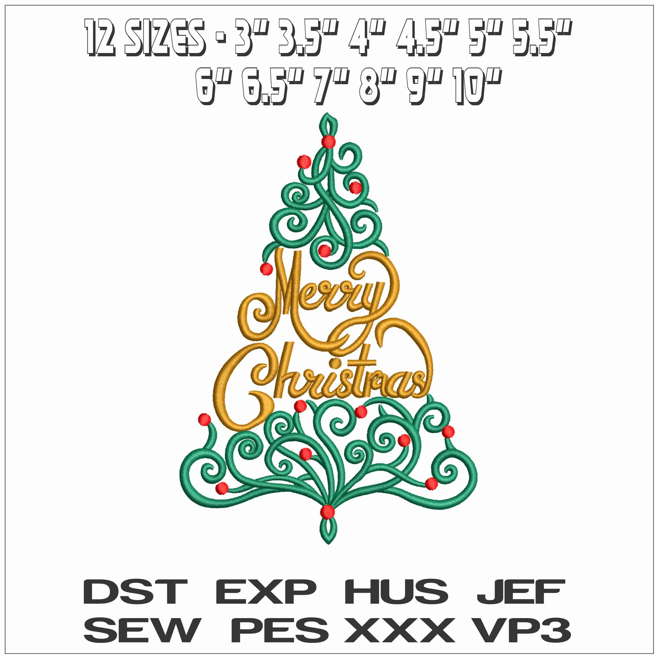 Merry Christmas in Xmas Tree- Elegant embroidery design file - instant download — view 2