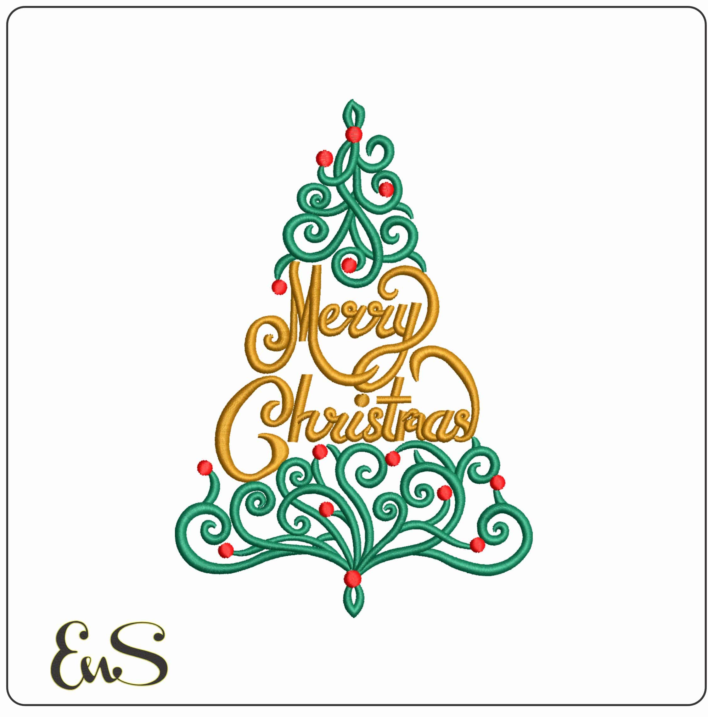Merry Christmas in Xmas Tree- Elegant embroidery design file - instant download