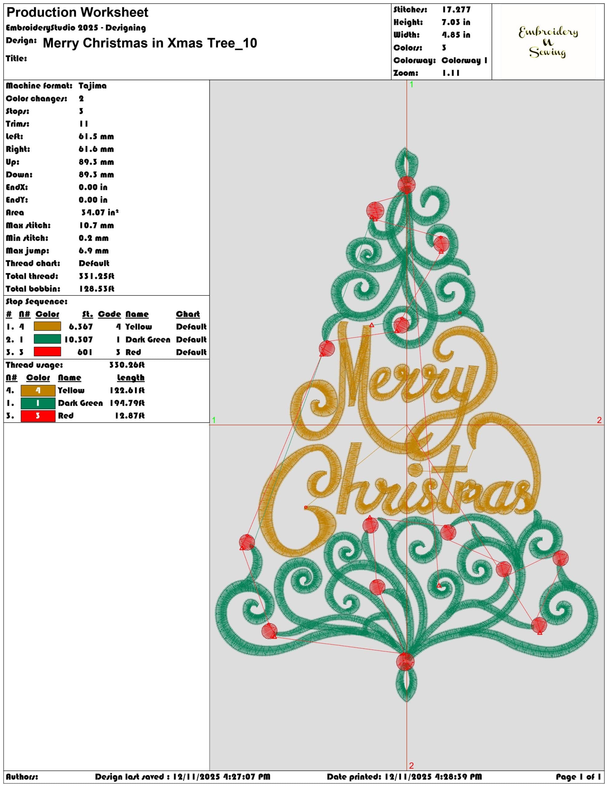 Merry Christmas in Xmas Tree- Elegant embroidery design file - instant download — view 3