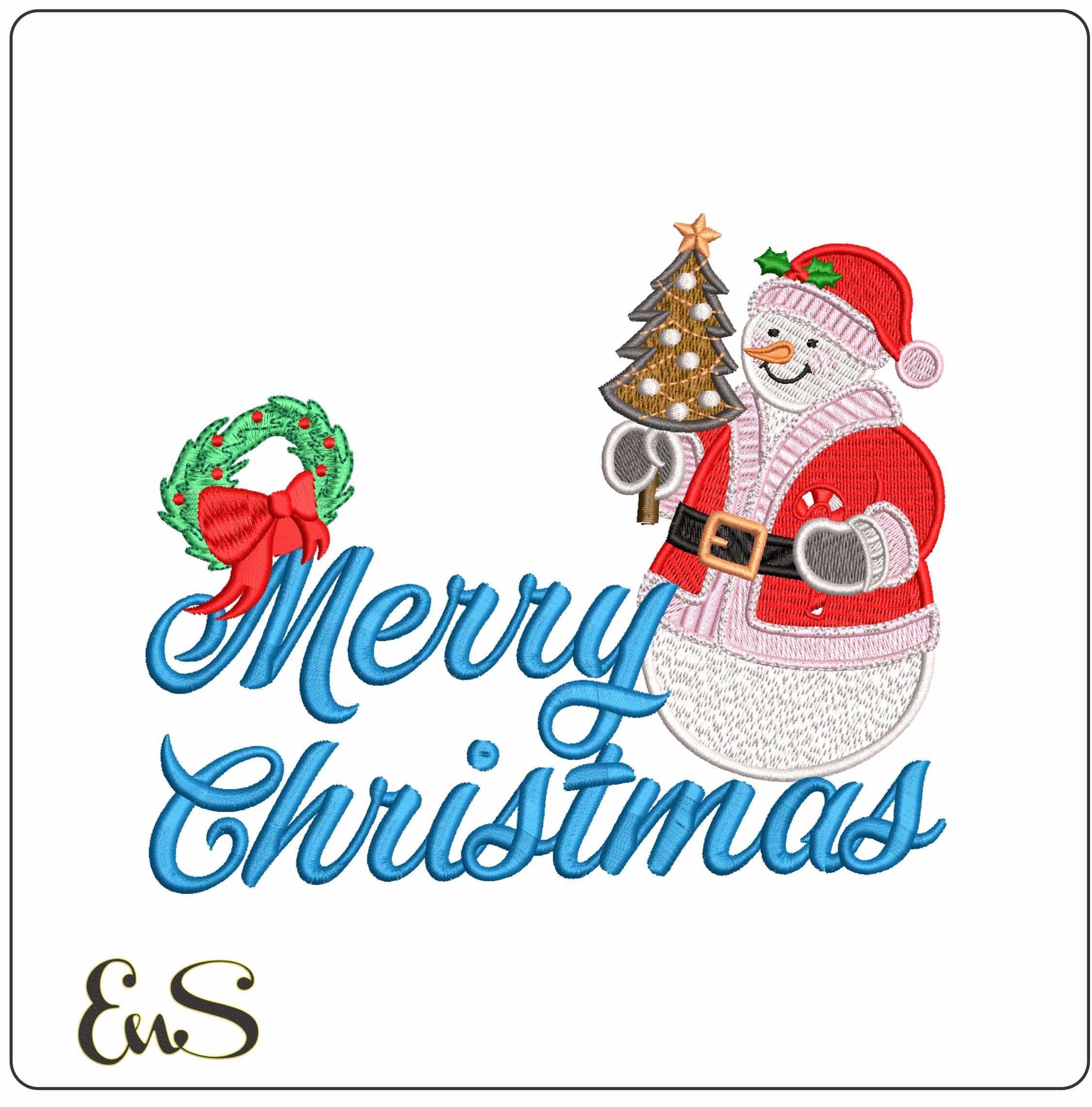 Merry Christmas Snowman with Xmas Tree- Elegant embroidery design file - instant download