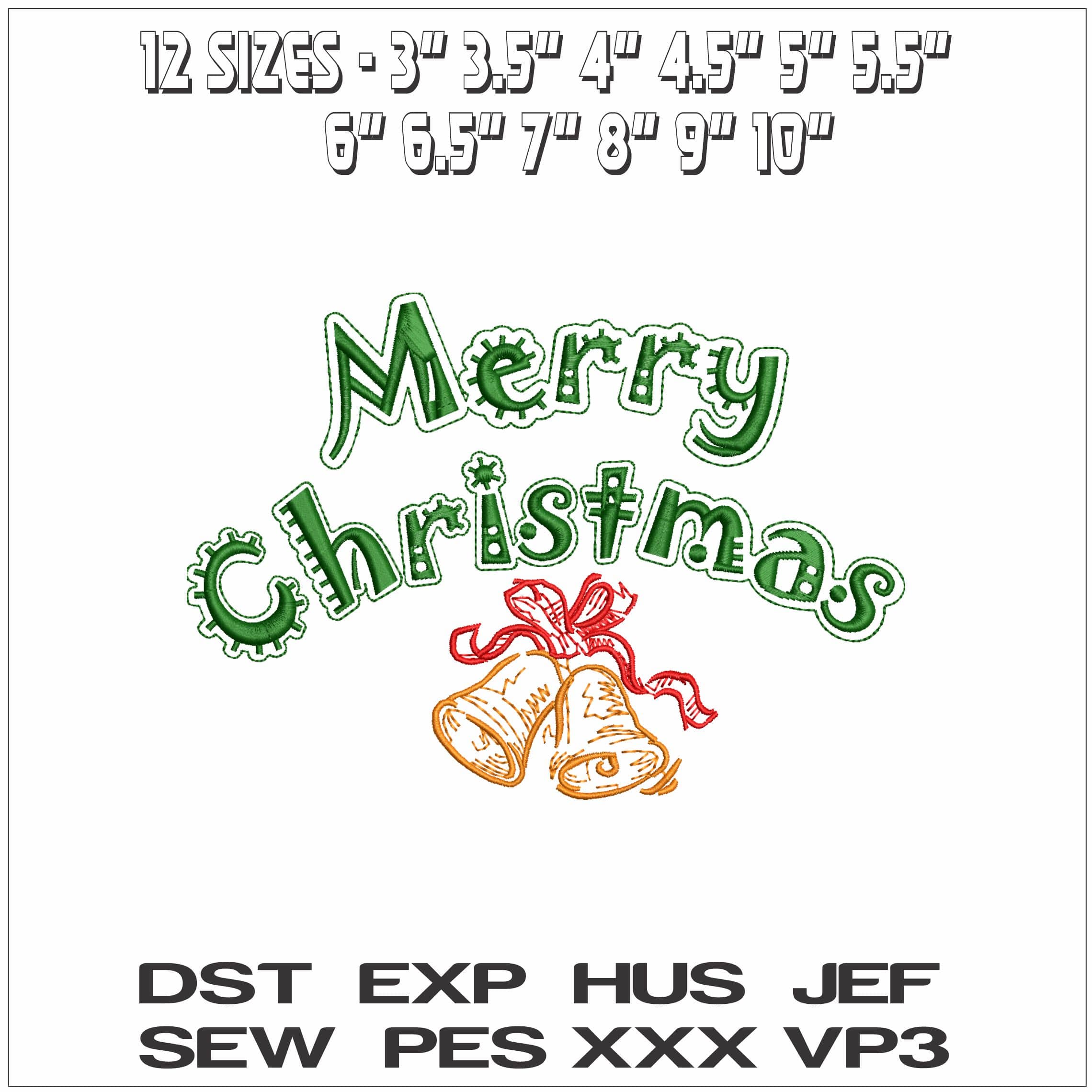 Merry Christmas with Bells- Elegant embroidery design file - instant download — view 2