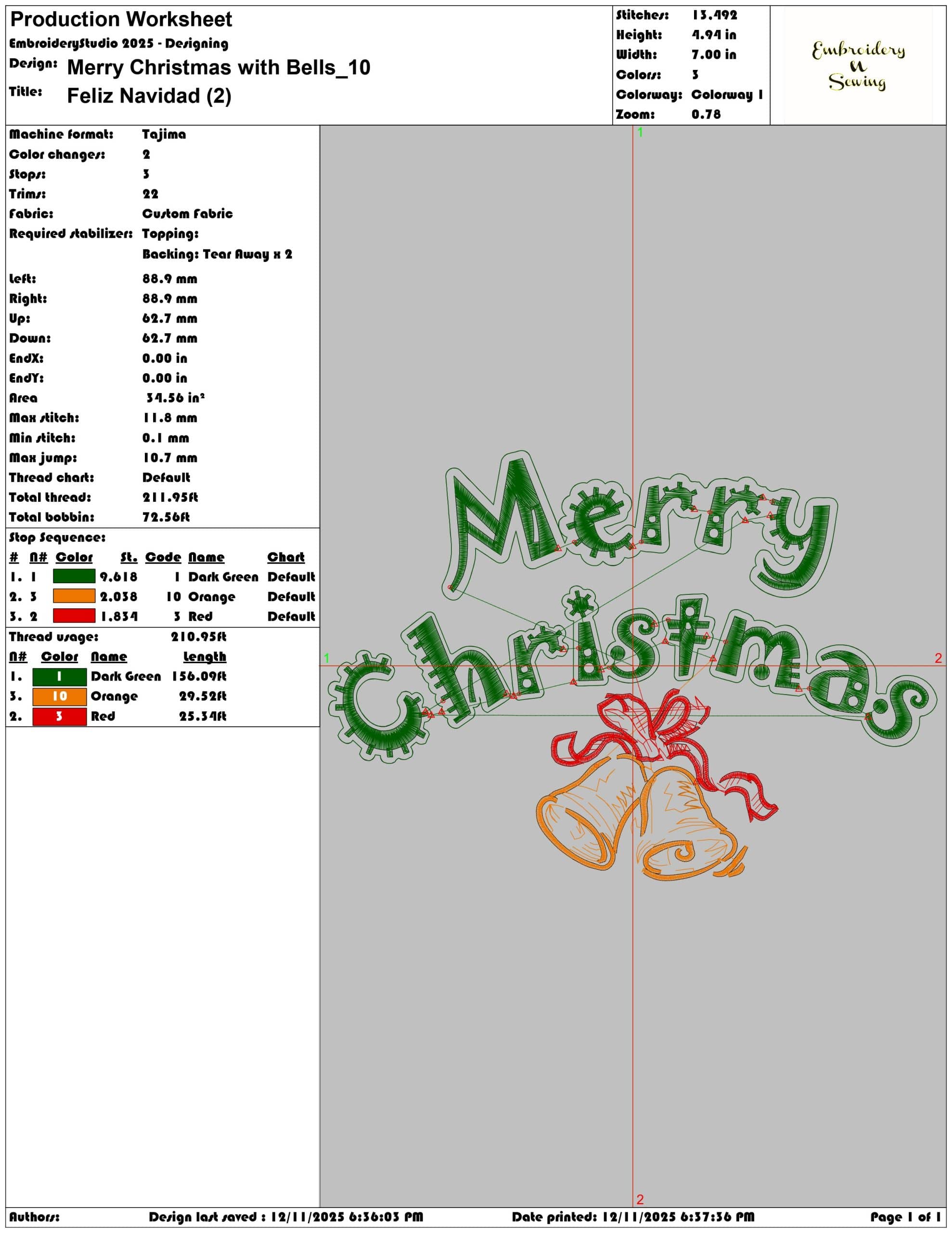 Merry Christmas with Bells- Elegant embroidery design file - instant download — view 3