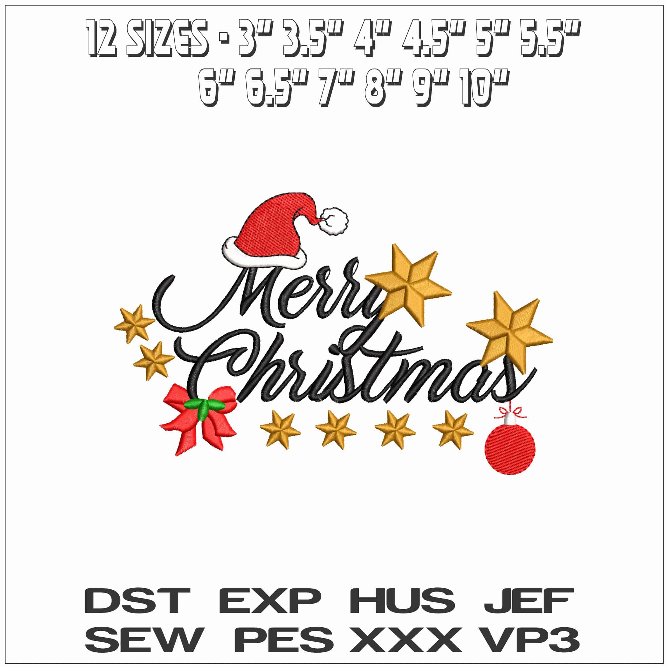 Merry Christmas with Christmas Hat- Elegant embroidery design file - instant download — view 2