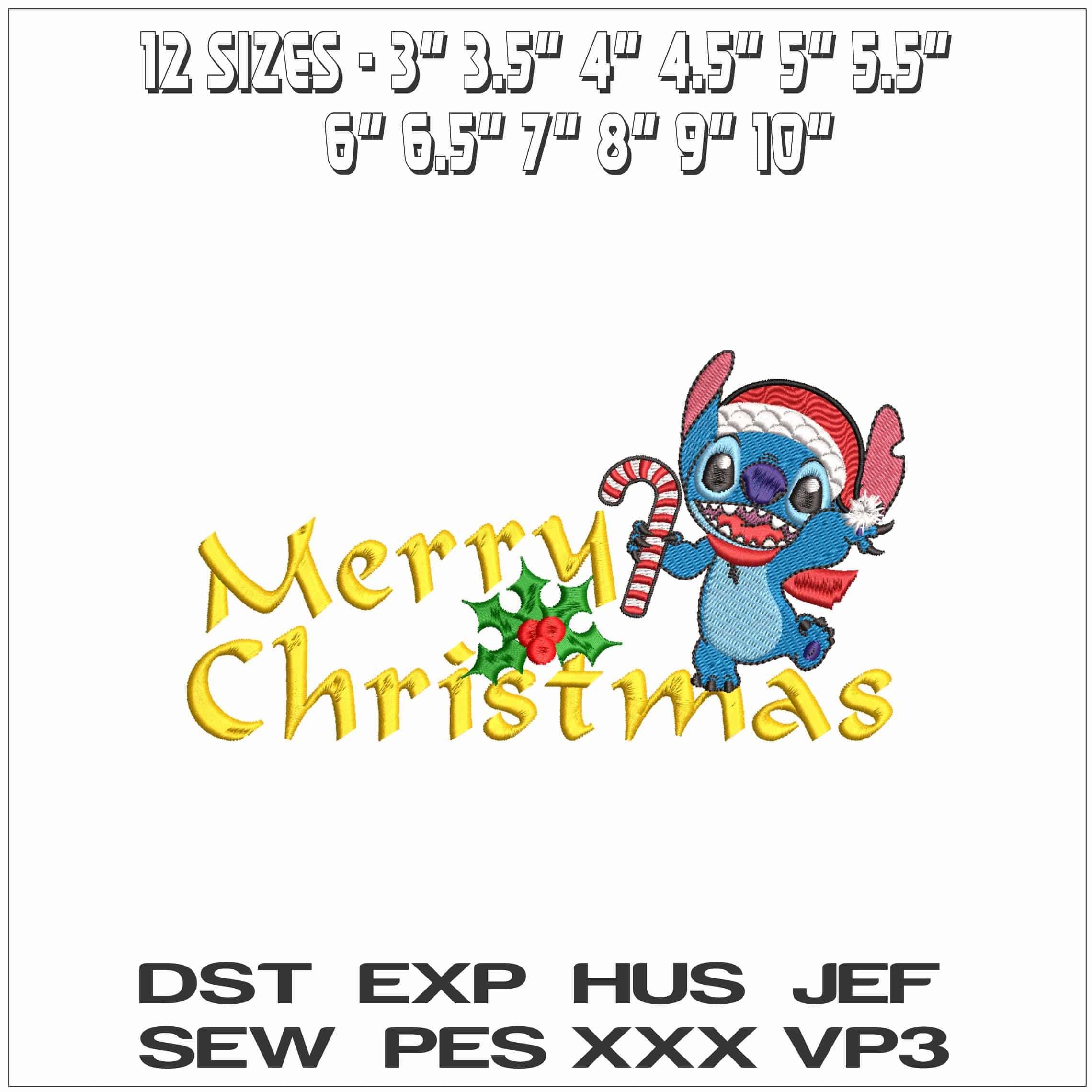 Merry Christmas Stitch with Candy Cane- Elegant embroidery design file - instant download — view 2