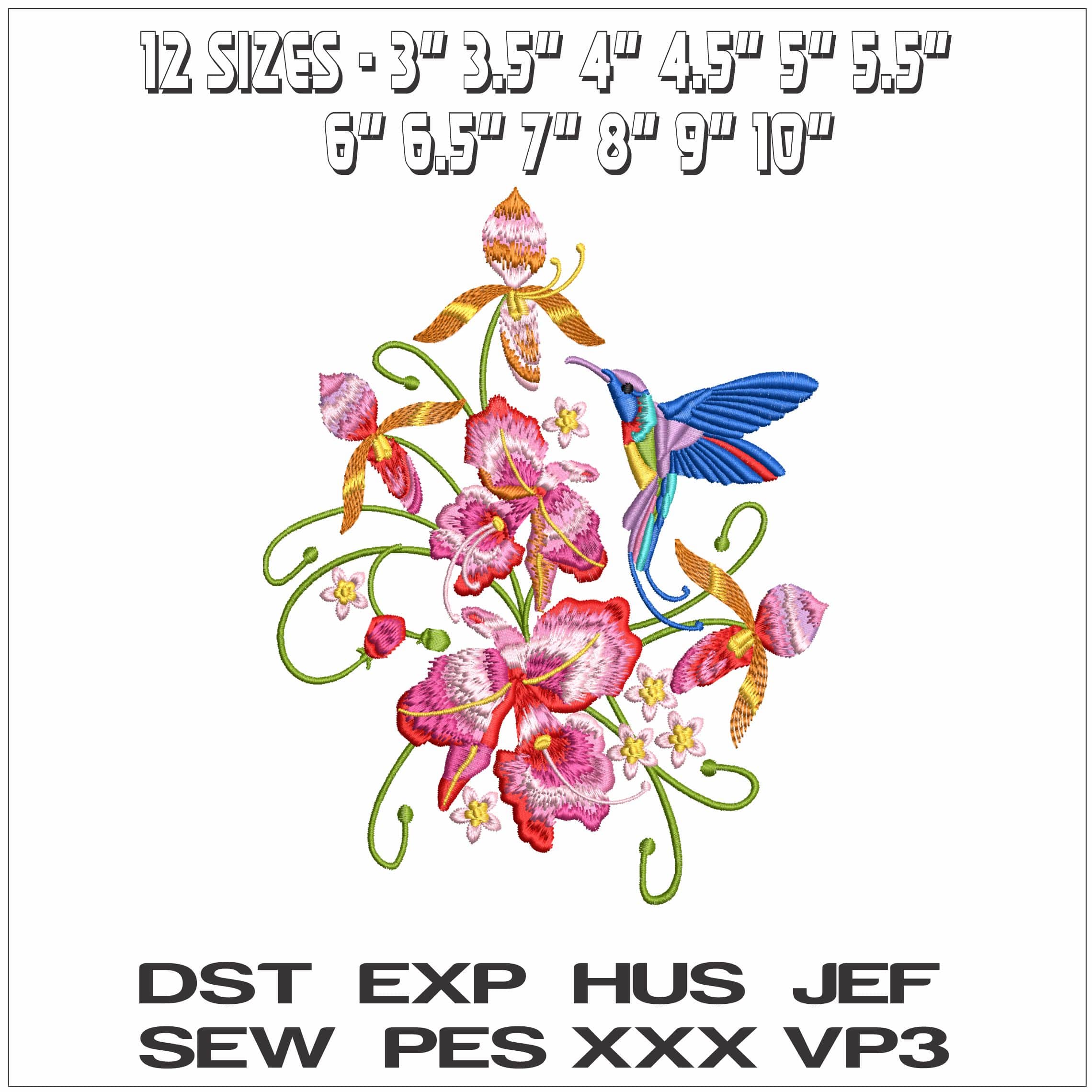 Mexican Colorful flowers and Humming Bird- Elegant embroidery design file - instant download — view 2