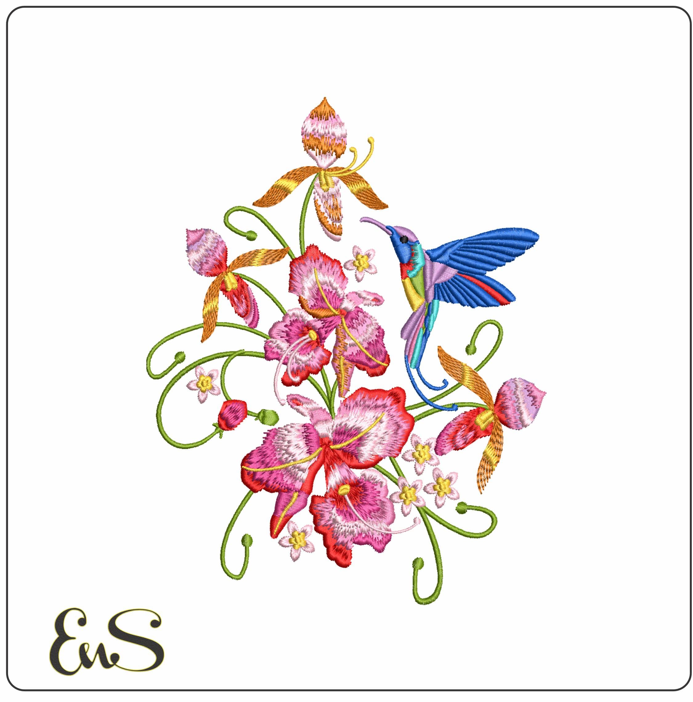 Mexican Colorful flowers and Humming Bird- Elegant embroidery design file - instant download