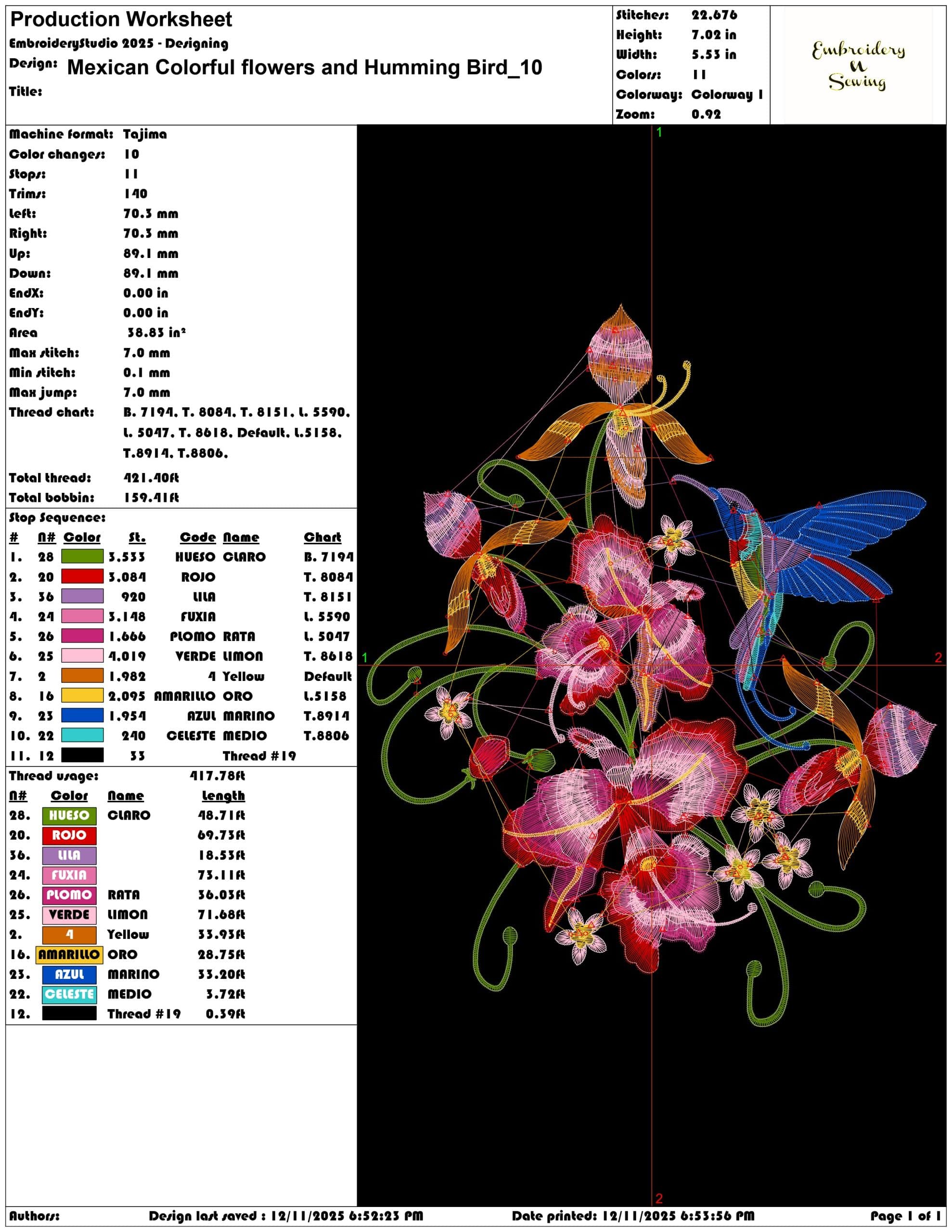 Mexican Colorful flowers and Humming Bird- Elegant embroidery design file - instant download — view 3