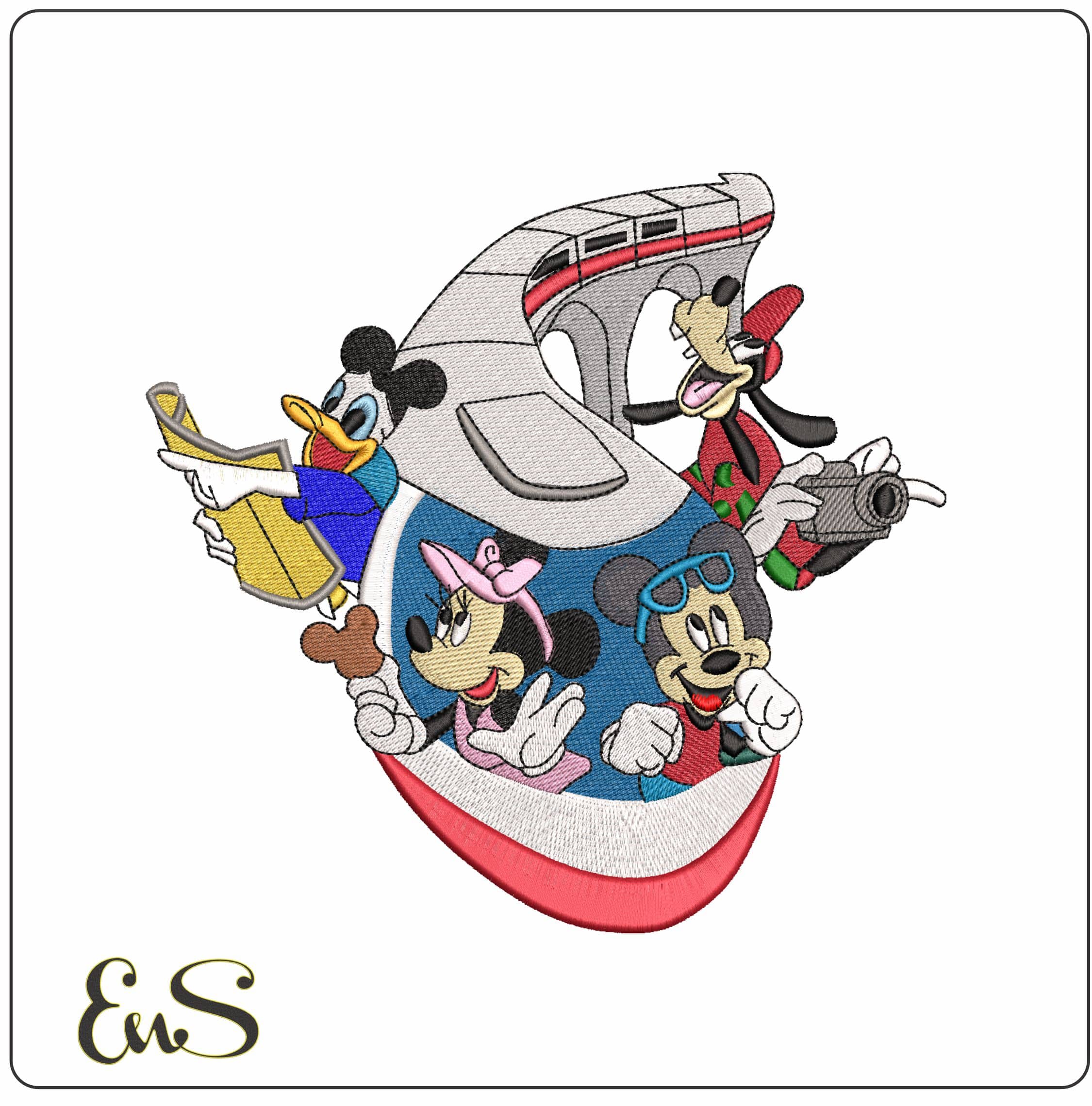 Mickey mouse and Family on High Speed Train- Elegant embroidery design file - instant download
