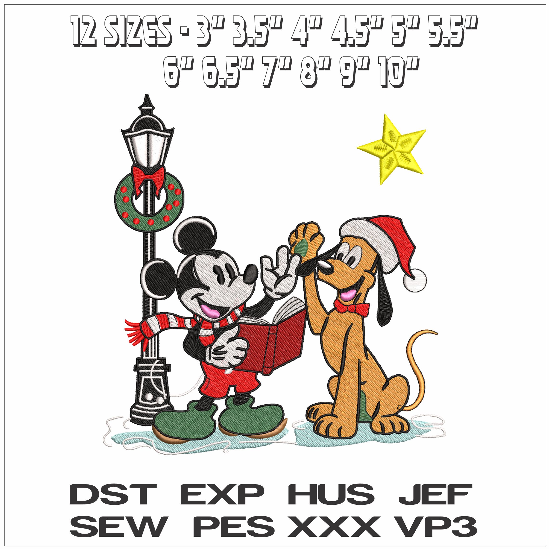 Mickey Mouse and Pluto Carol Singing Light and Star- Elegant embroidery design file - instant download — view 2