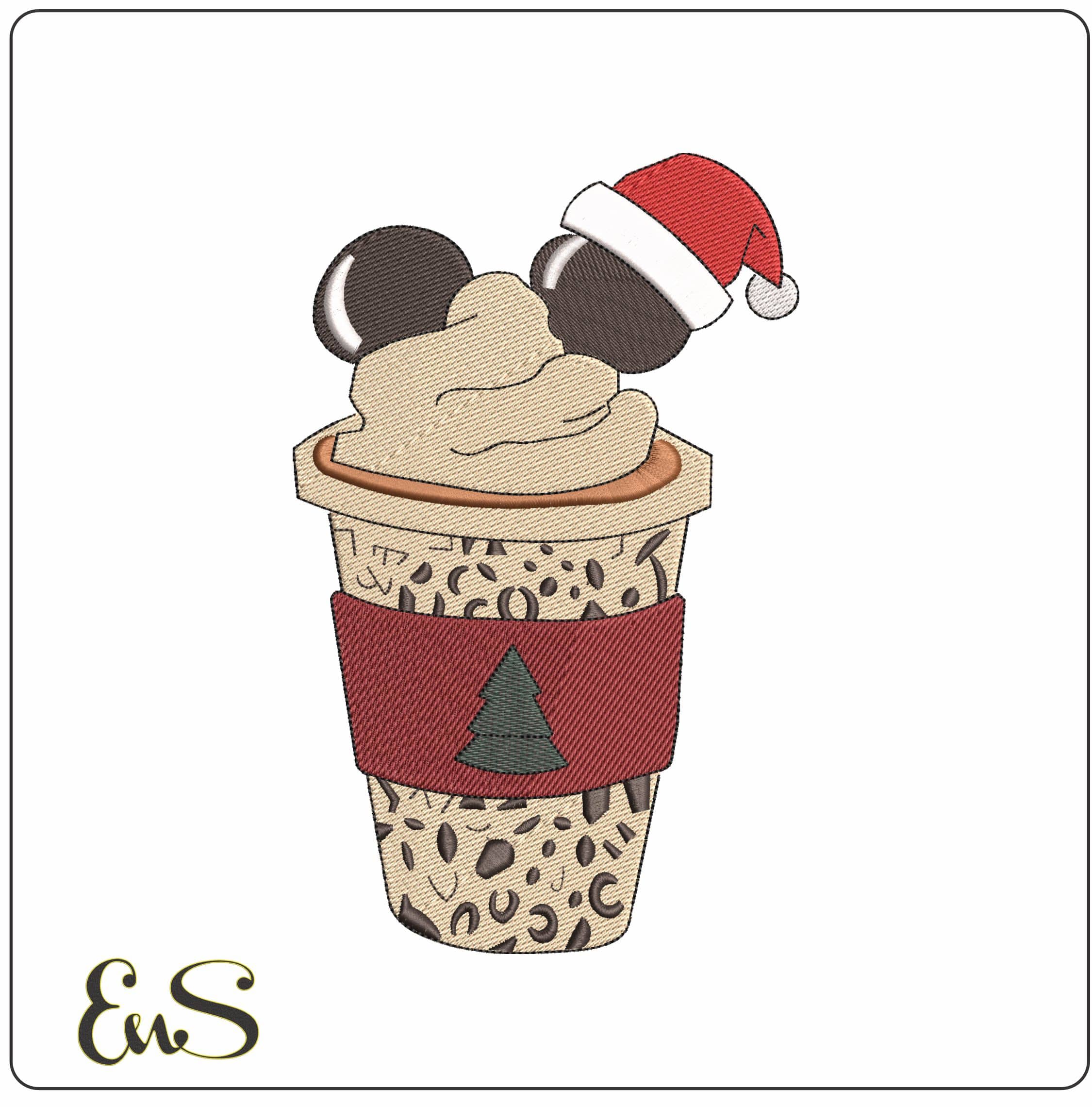 Mickey Mouse Carmel Latte with Christmas tree - Elegant embroidery design file - instant download