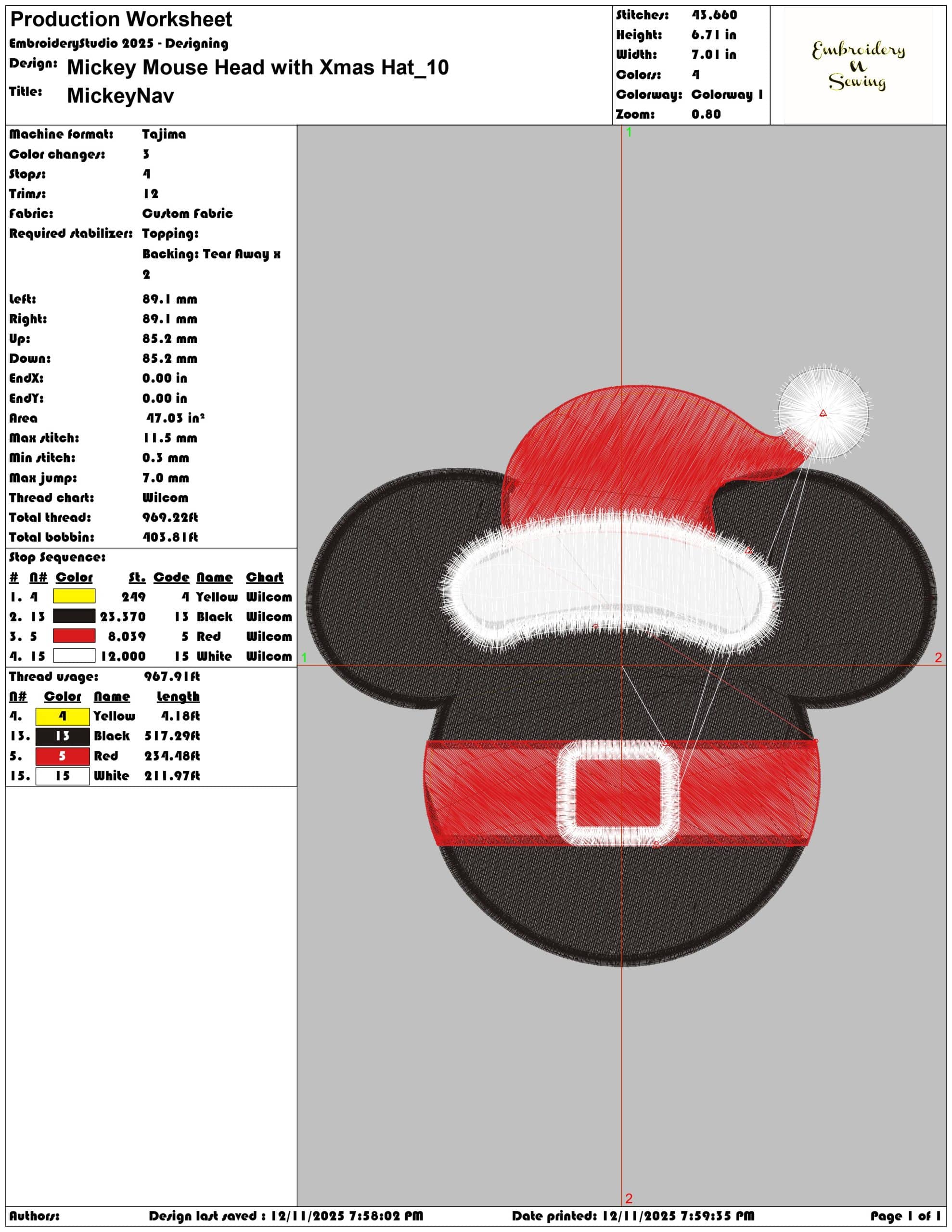 Mickey Mouse Head with Xmas Hat- Elegant embroidery design file - instant download — view 3