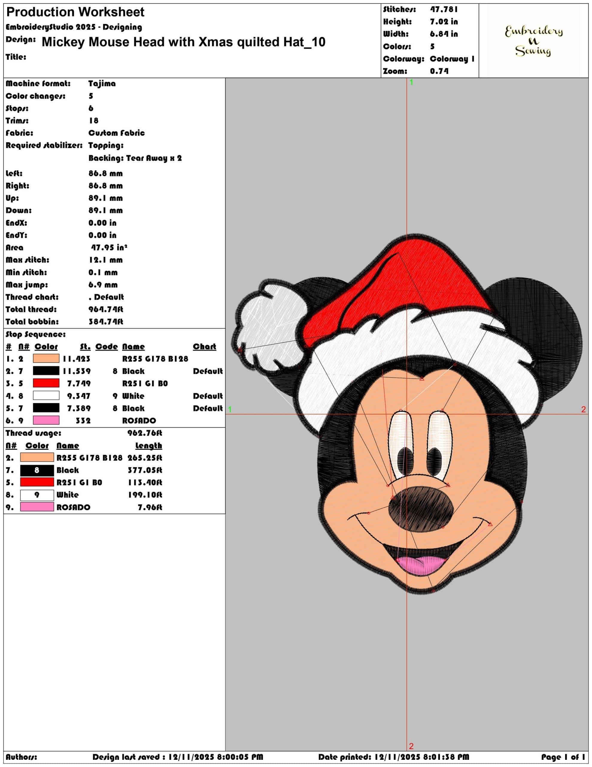 Mickey Mouse Head with Xmas quilted Hat- Elegant embroidery design file - instant download — view 3