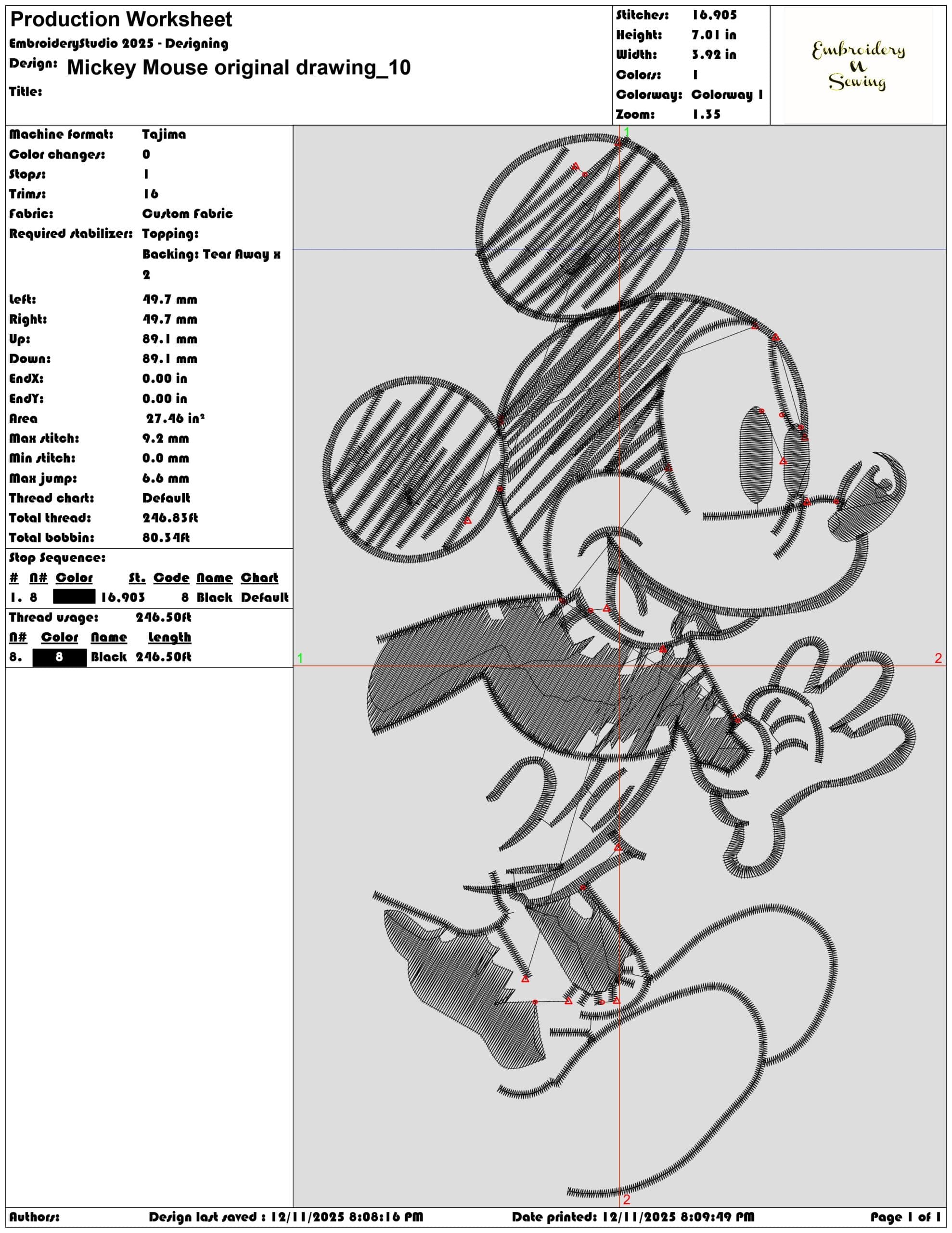Mickey Mouse original drawing- Elegant embroidery design file - instant download — view 3