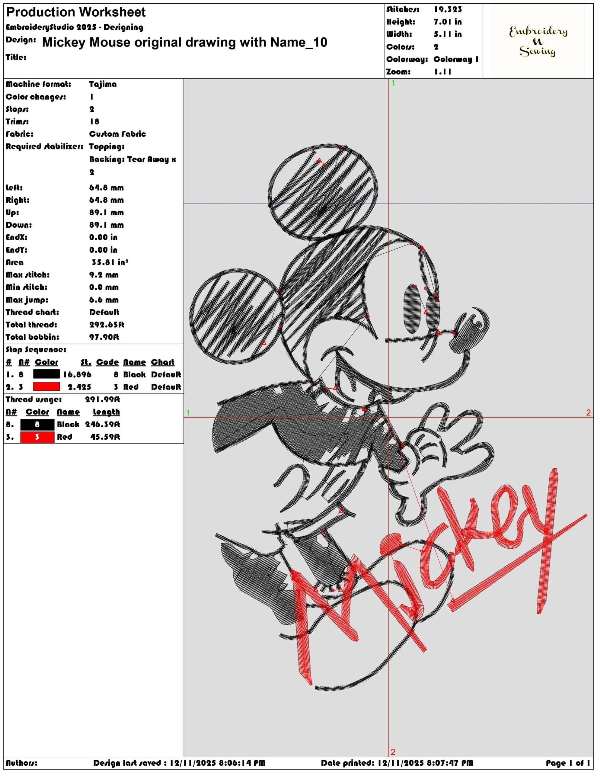 Mickey Mouse original drawing with Name- Elegant embroidery design file - instant download — view 3