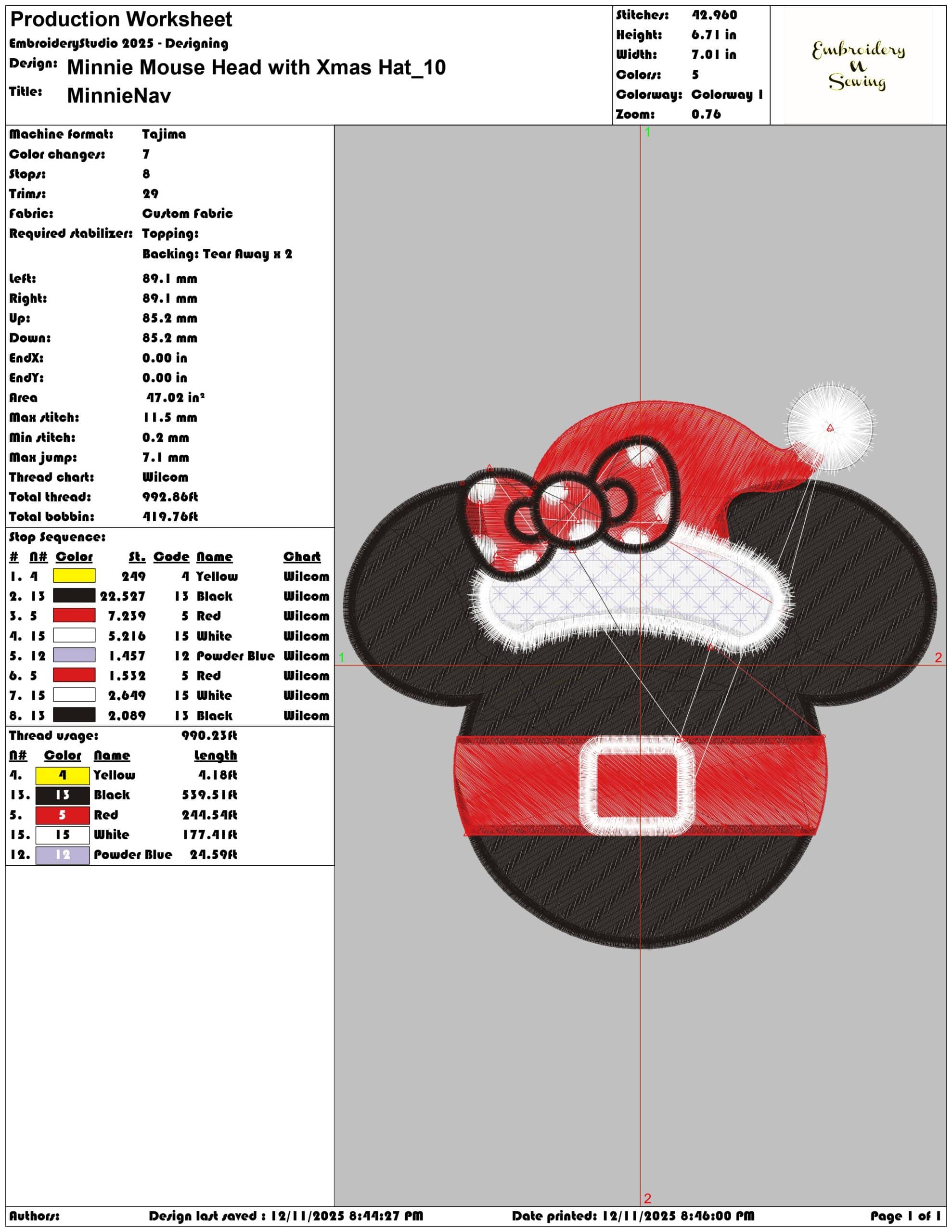 Minnie Mouse Head with Xmas Hat- Elegant embroidery design file - instant download — view 3