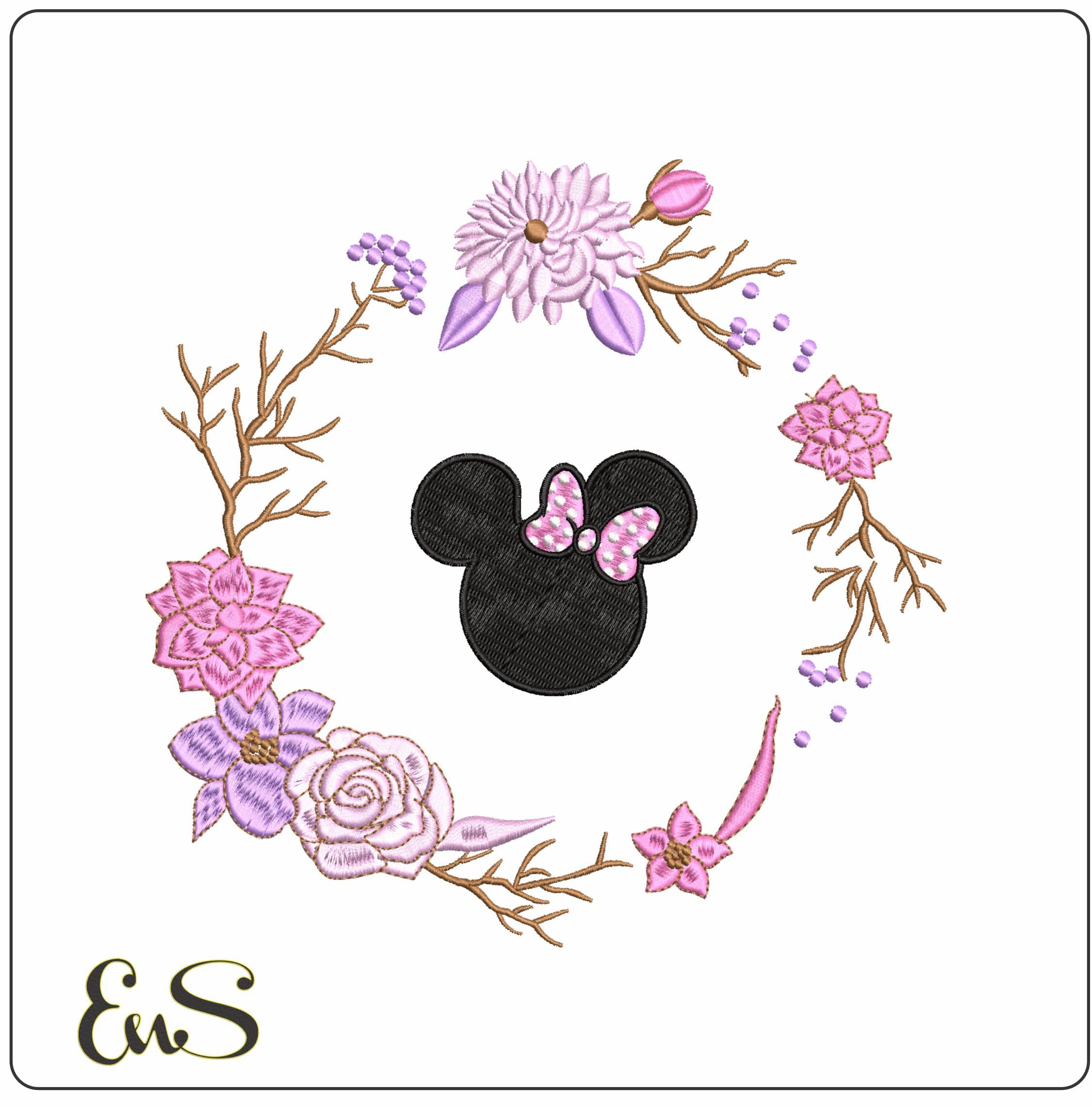 Minnie Mouse in Flower Wreath- Elegant embroidery design file - instant download