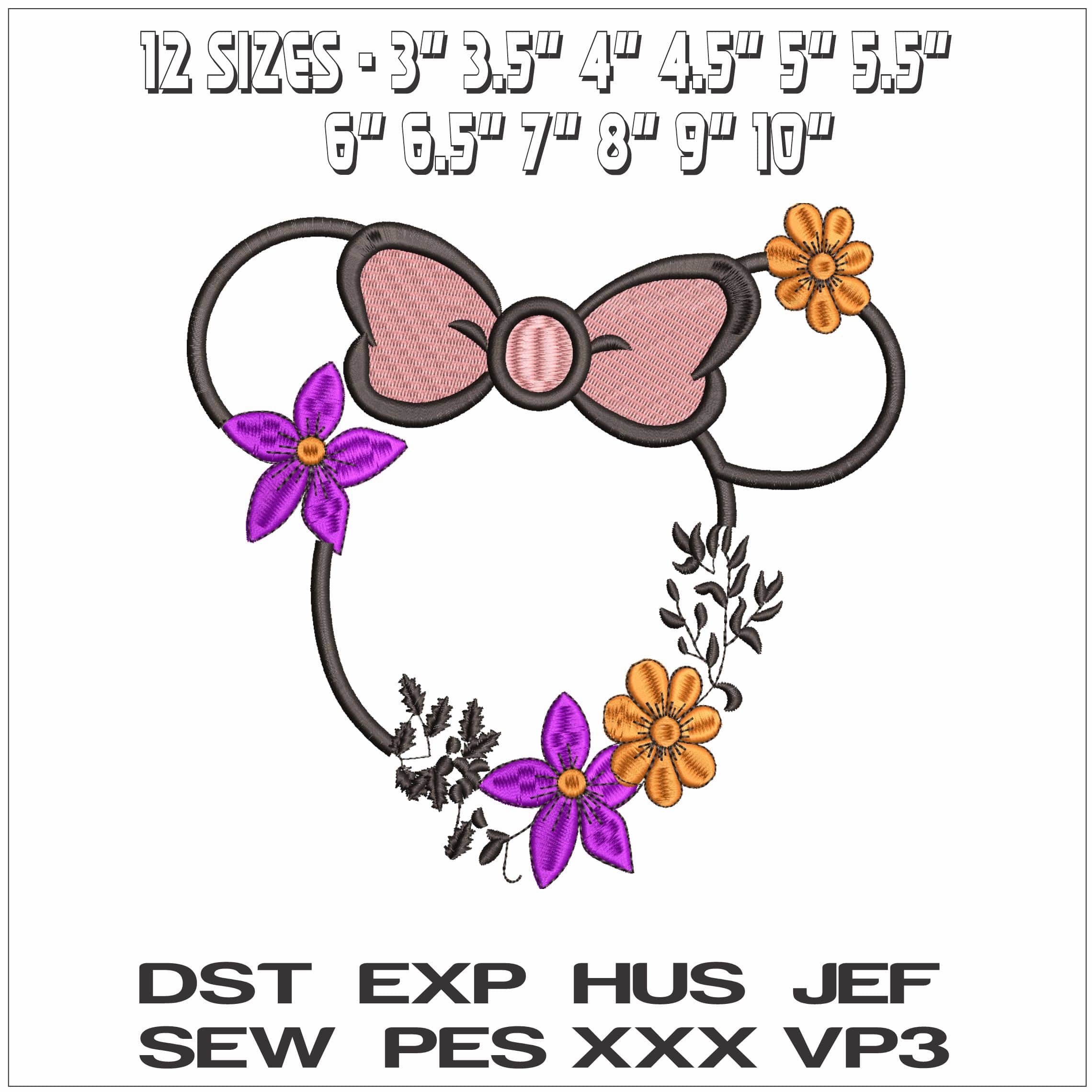 Minnie Mouse Outline with Flowers- Elegant embroidery design file - instant download — view 2