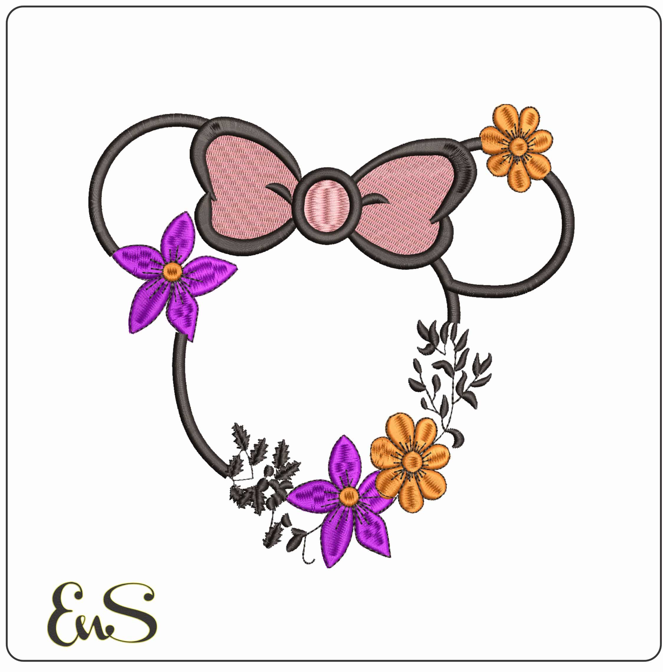 Minnie Mouse Outline with Flowers- Elegant embroidery design file - instant download