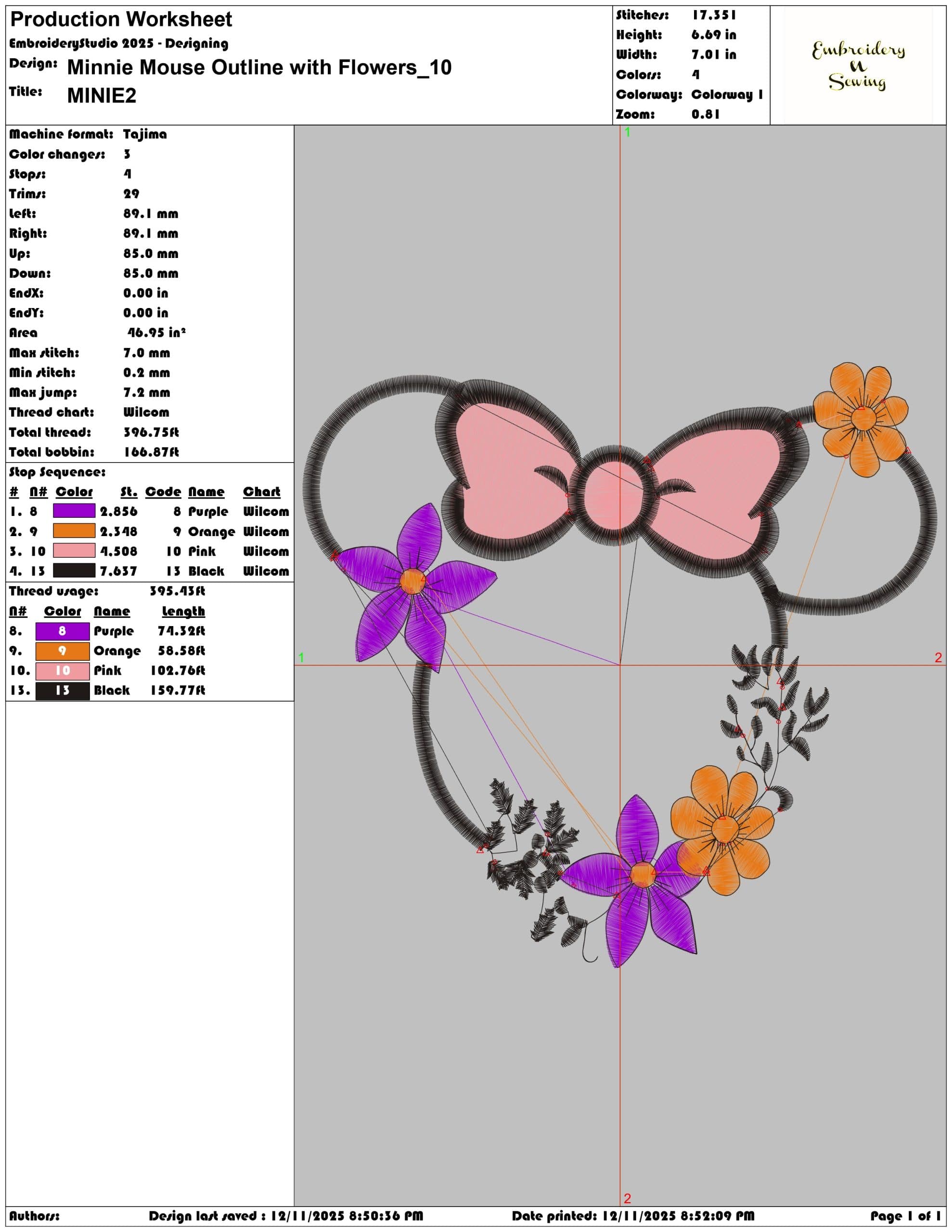 Minnie Mouse Outline with Flowers- Elegant embroidery design file - instant download — view 3