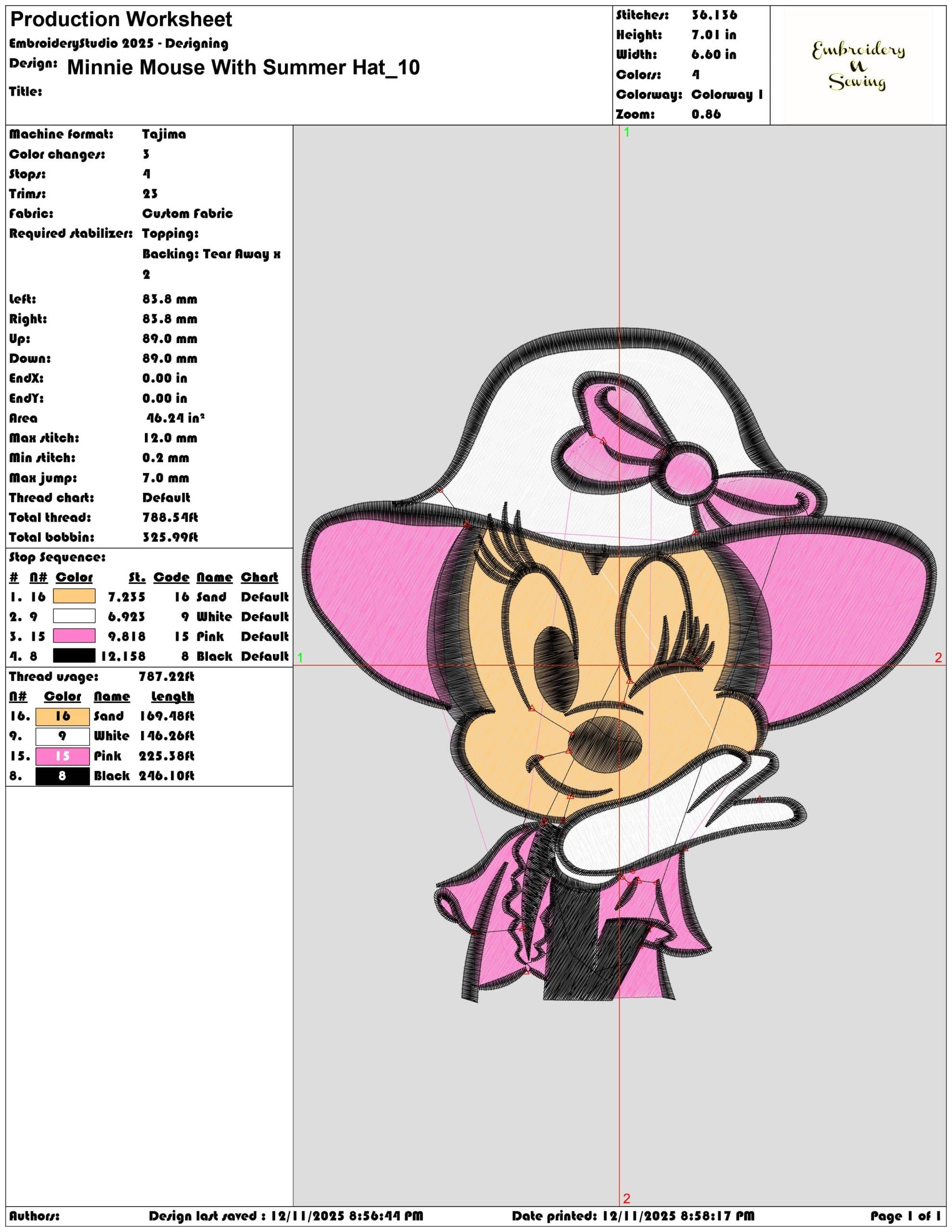 Minnie Mouse With Summer Hat- Elegant embroidery design file - instant download — view 3