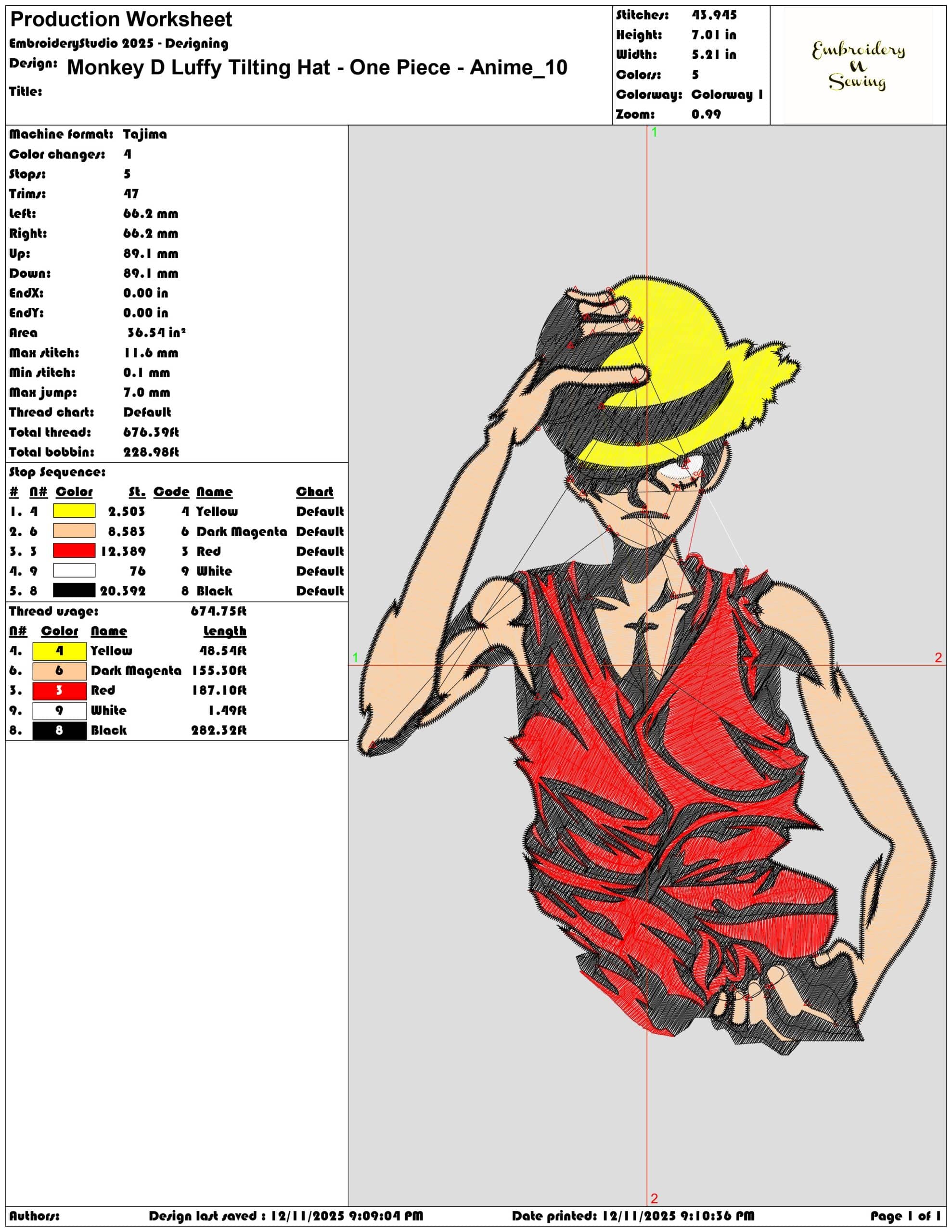 Monkey D Luffy Tilting Hat One Piece Anime- Elegant embroidery design file - instant download — view 3