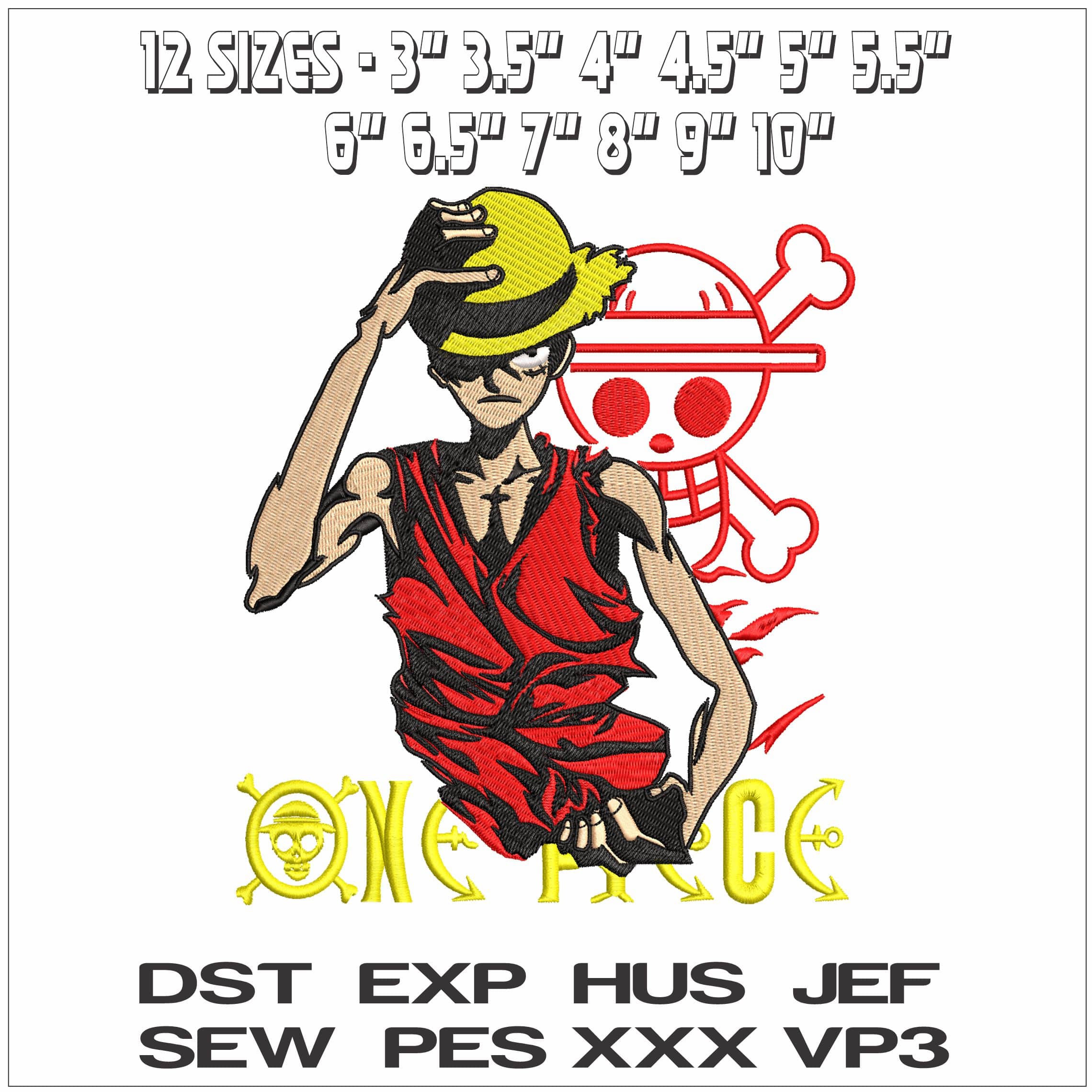 Monkey D Luffy with One Piece name and Logo Anime- Elegant embroidery design file - instant download — view 2