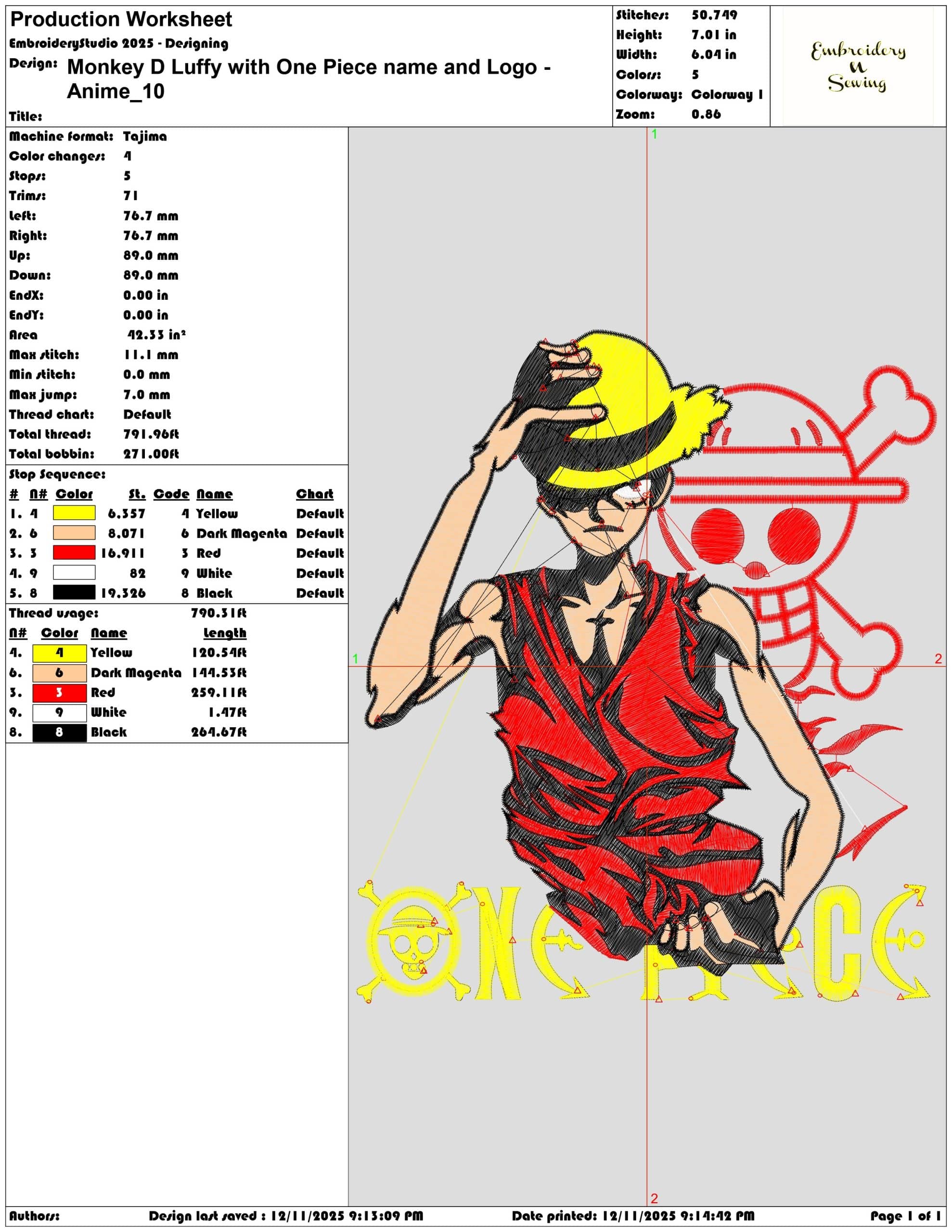 Monkey D Luffy with One Piece name and Logo Anime- Elegant embroidery design file - instant download — view 3