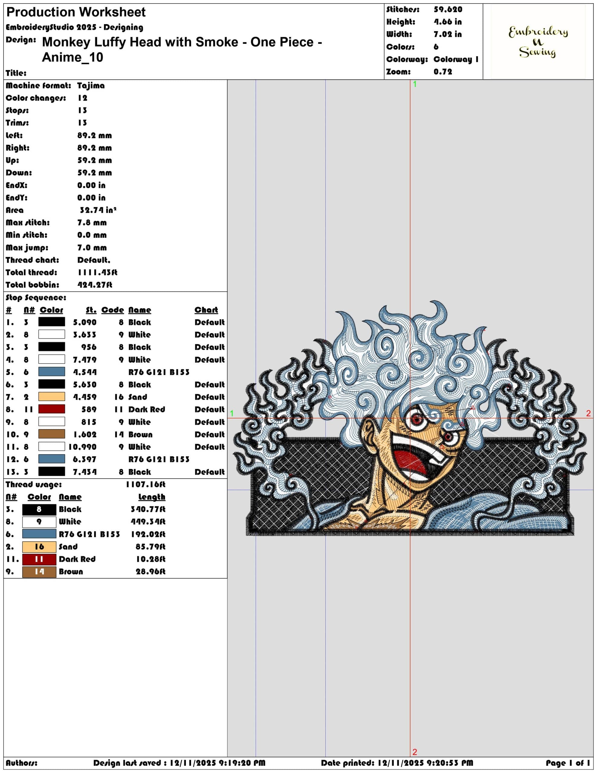 Monkey Luffy Head with Smoke One Piece Anime- Elegant embroidery design file - instant download — view 3