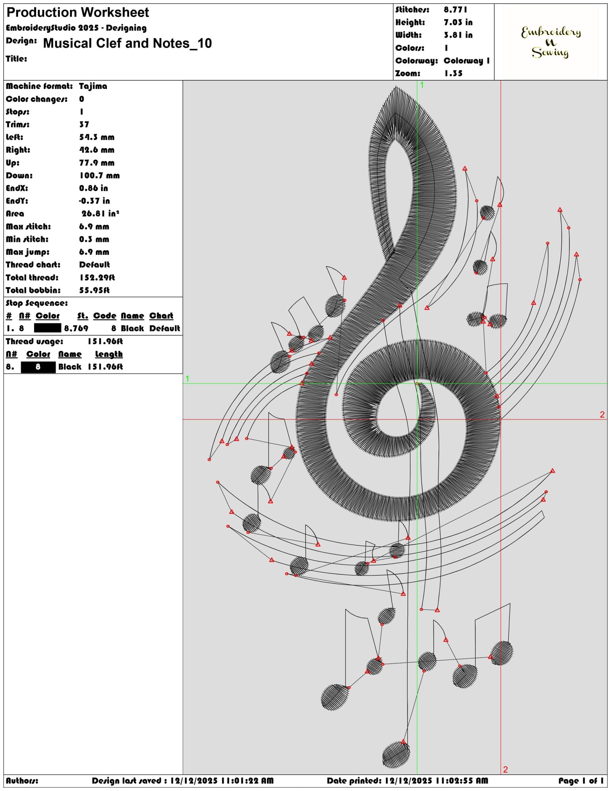 Musical Clef and Notes- Elegant embroidery design file - instant download — view 3