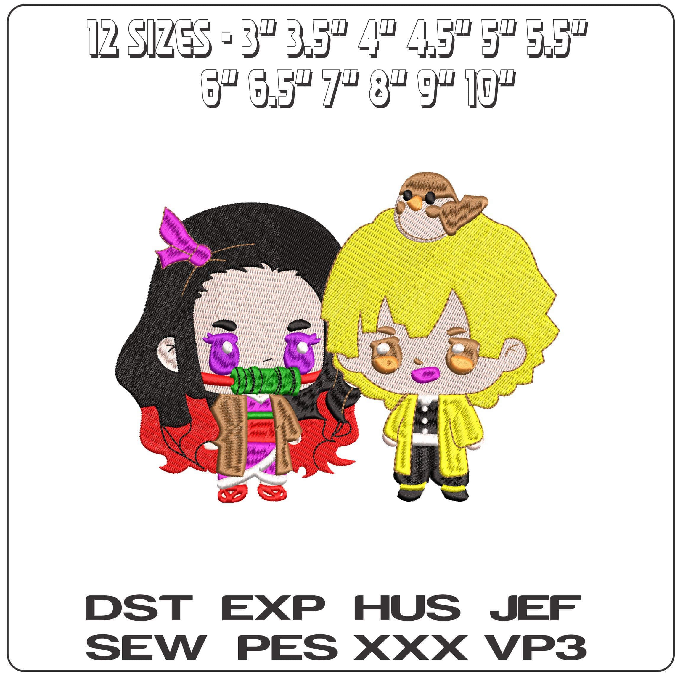 Nezuko Kamado and Zenitsu Agatsuma Chibli Demon Slayer- Elegant embroidery design file - instant download — view 2