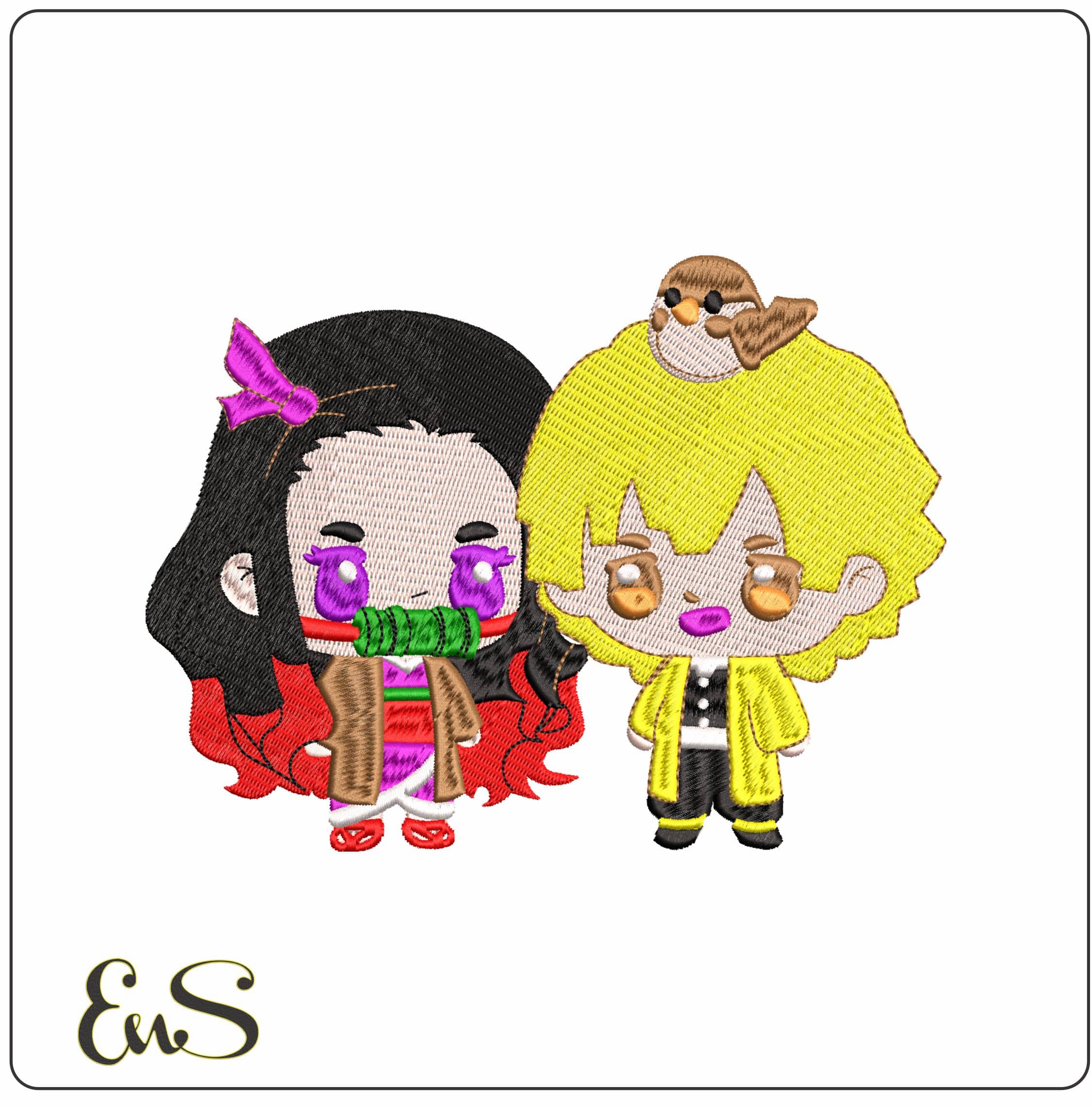Nezuko Kamado and Zenitsu Agatsuma Chibli Demon Slayer- Elegant embroidery design file - instant download