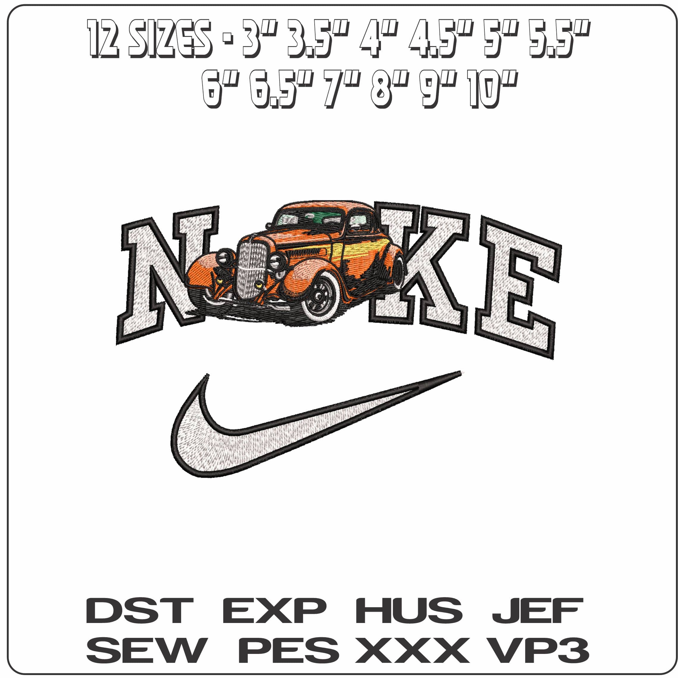 Nike 1950s lowered Hot Rod- Elegant embroidery design file - instant download — view 2