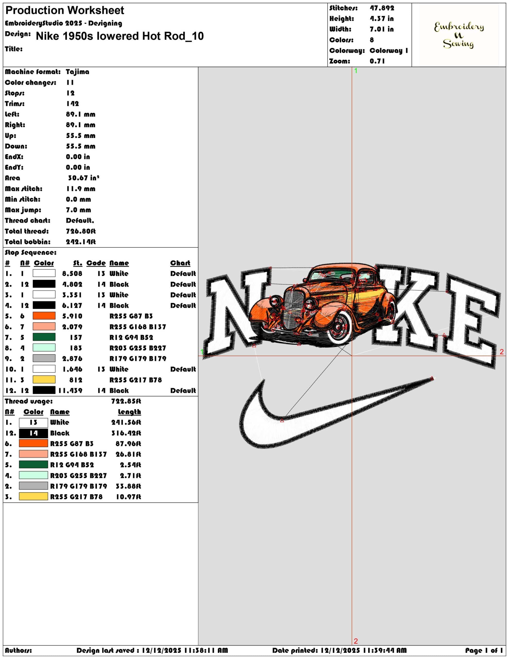 Nike 1950s lowered Hot Rod- Elegant embroidery design file - instant download — view 3