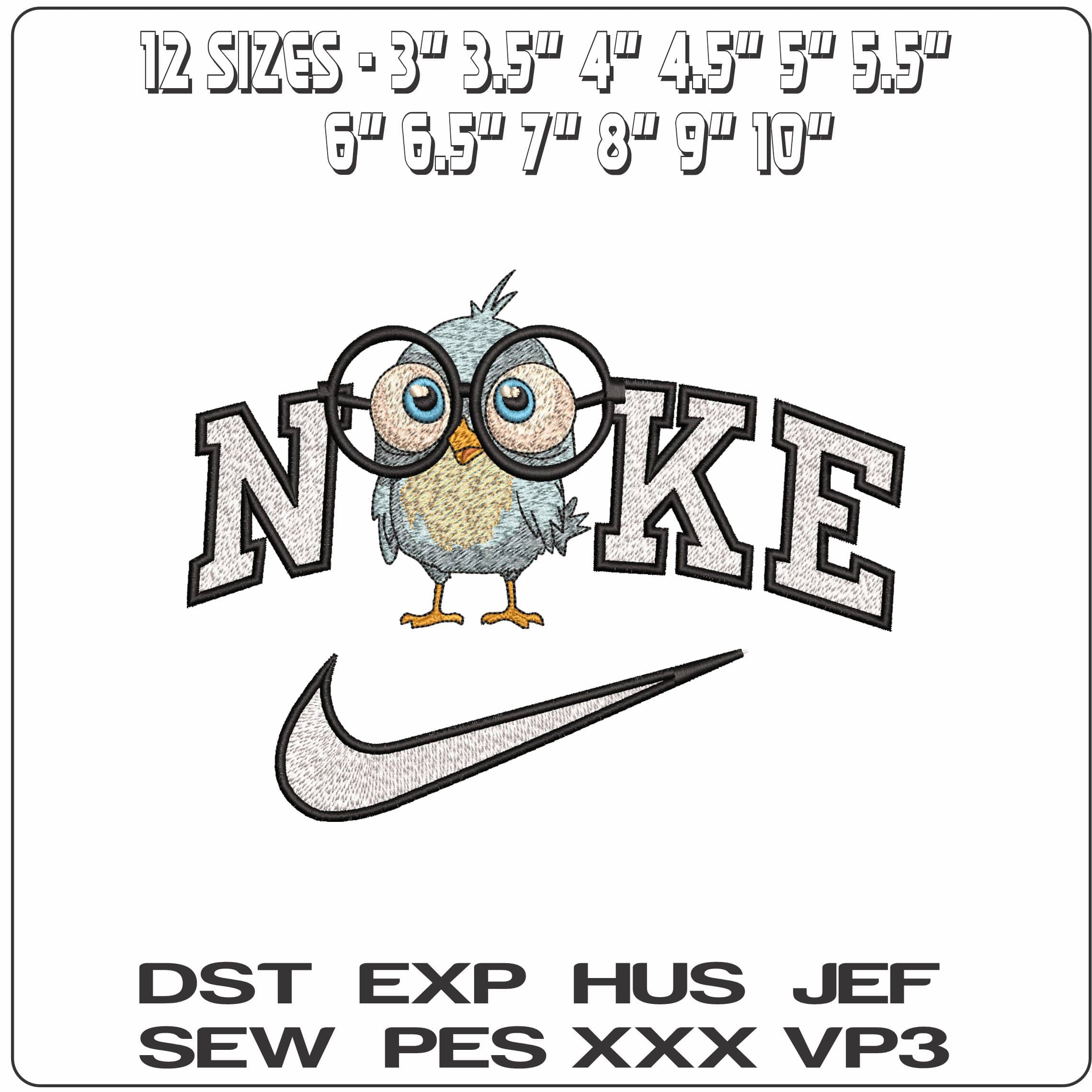 Nike Bird with Large Glasses - Elegant embroidery design file - instant download — view 2