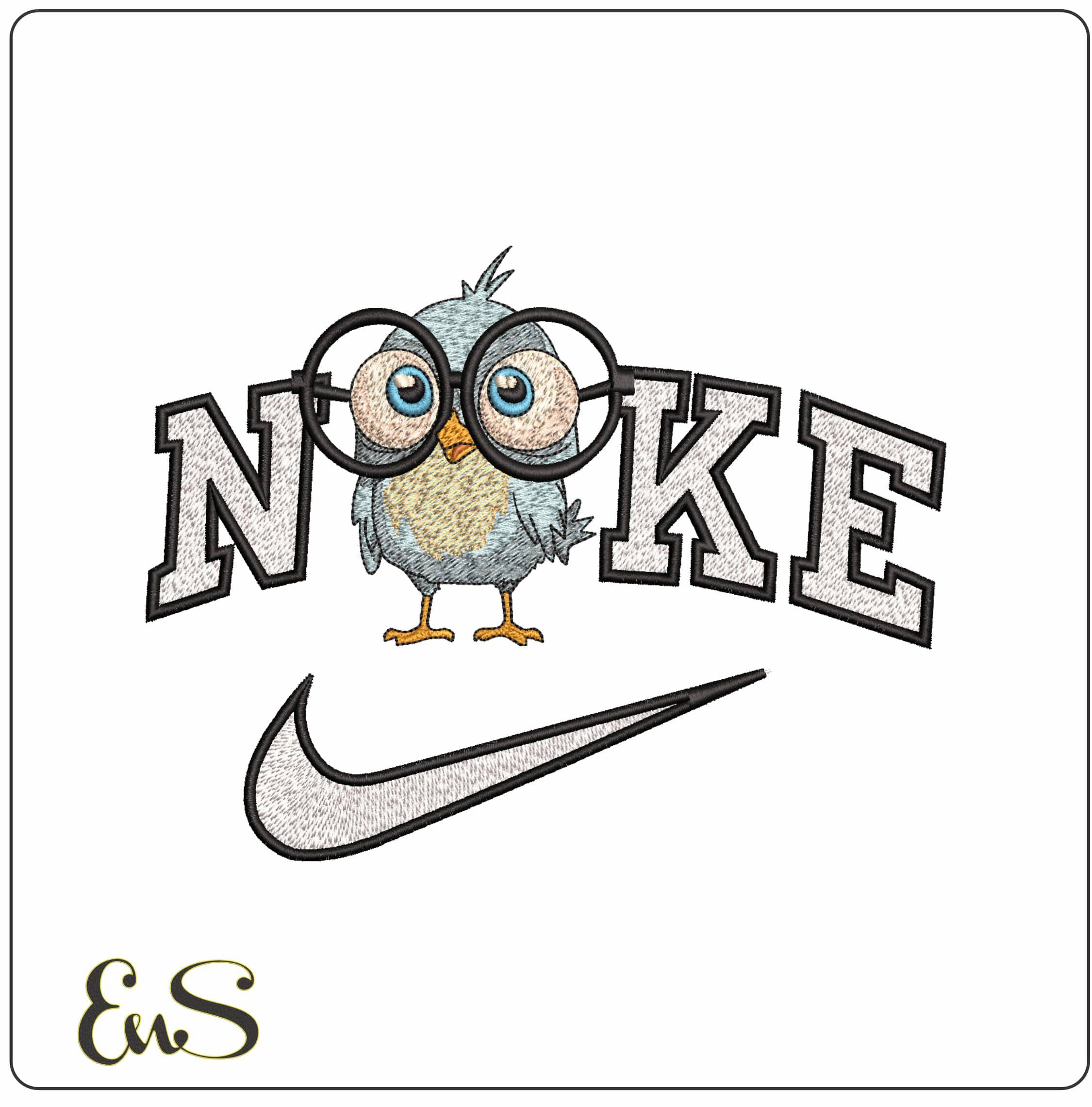 Nike Bird with Large Glasses - Elegant embroidery design file - instant download